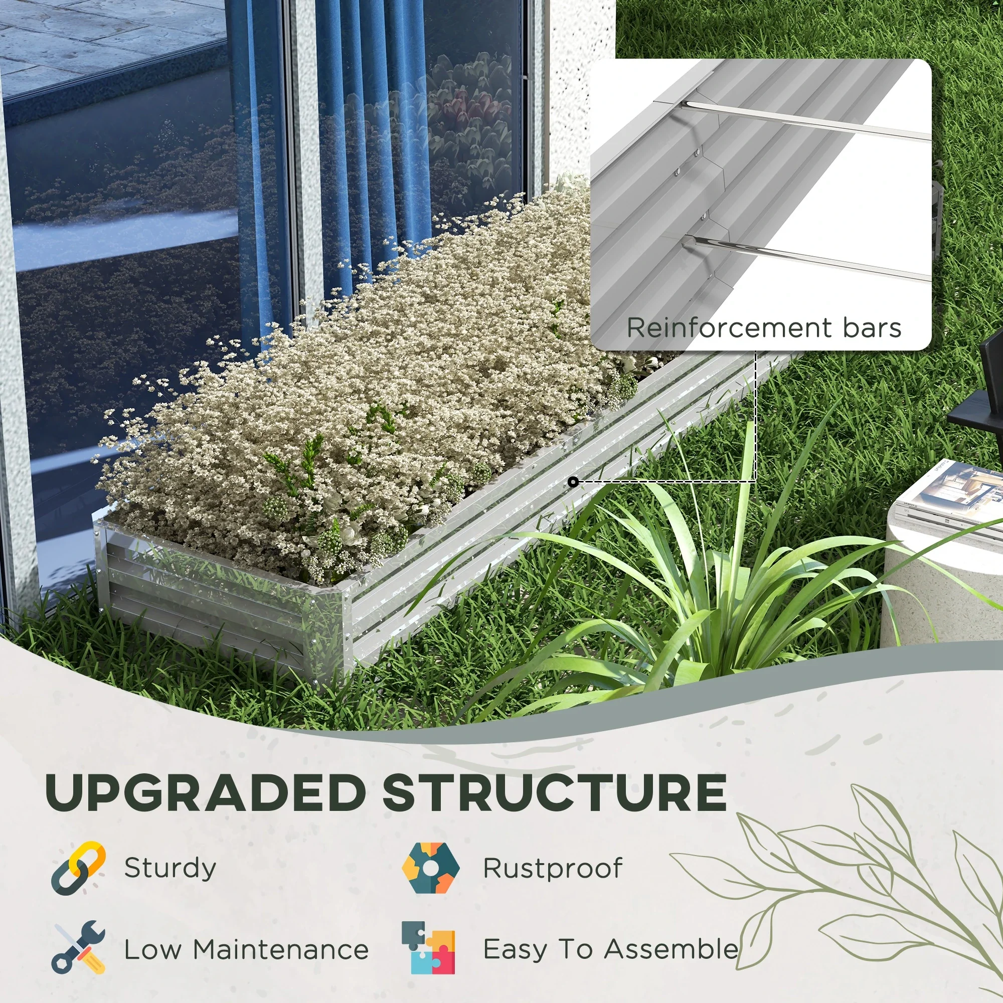 Galvanized Steel Raised Garden Bed, 82" x 109" x 12", Silver - Image 6