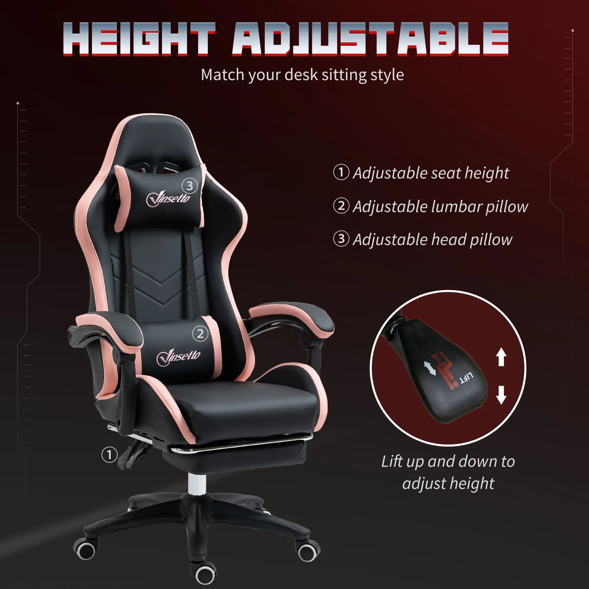 Gaming Chair, PU Leather Office Desk Chair with Footrest, Swivel Wheels, 135° Reclining Back, Black - Image 4