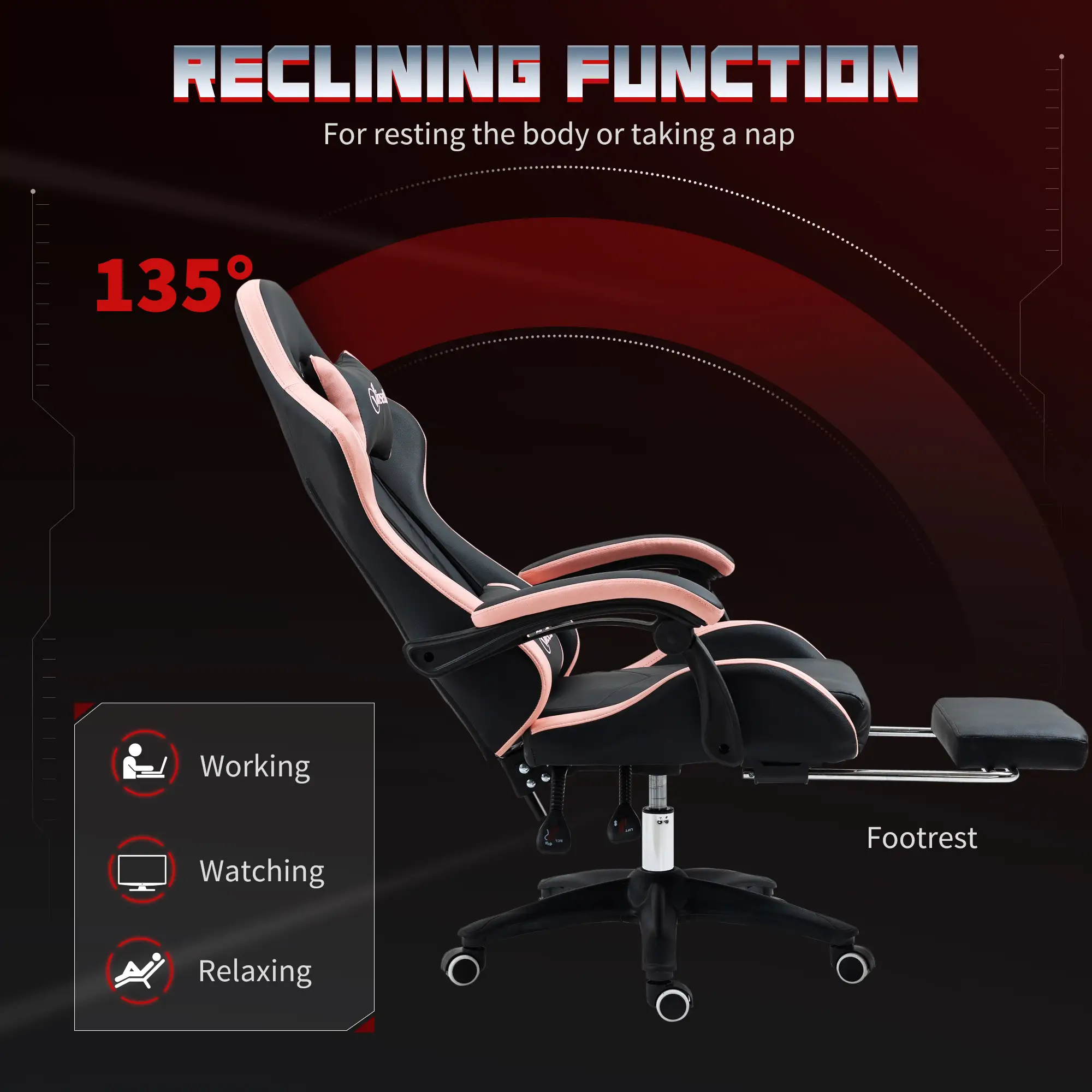 Gaming Chair, PU Leather Office Desk Chair with Footrest, Swivel Wheels, 135° Reclining Back, Black - Image 5