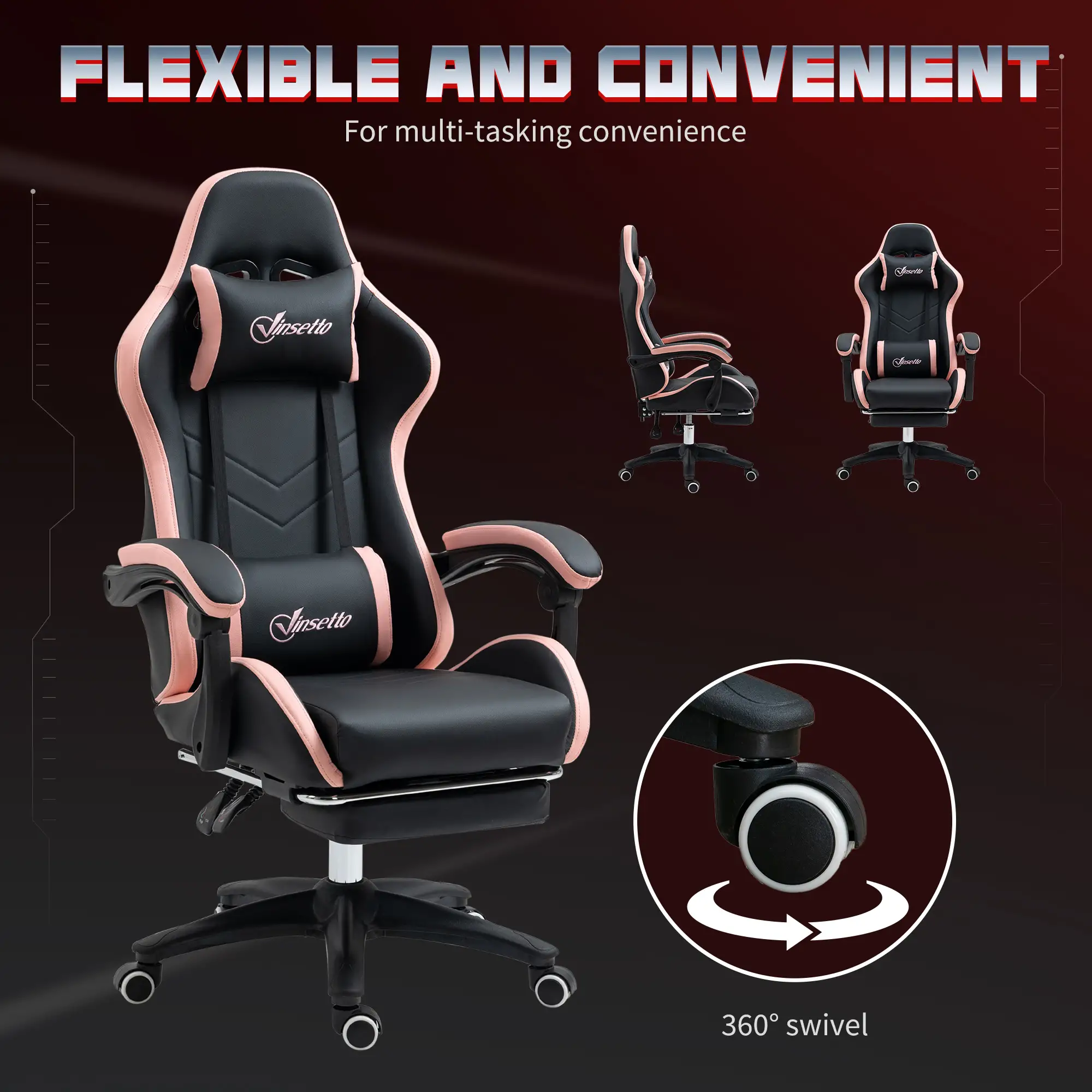 Gaming Chair, PU Leather Office Desk Chair with Footrest, Swivel Wheels, 135° Reclining Back, Black - Image 6