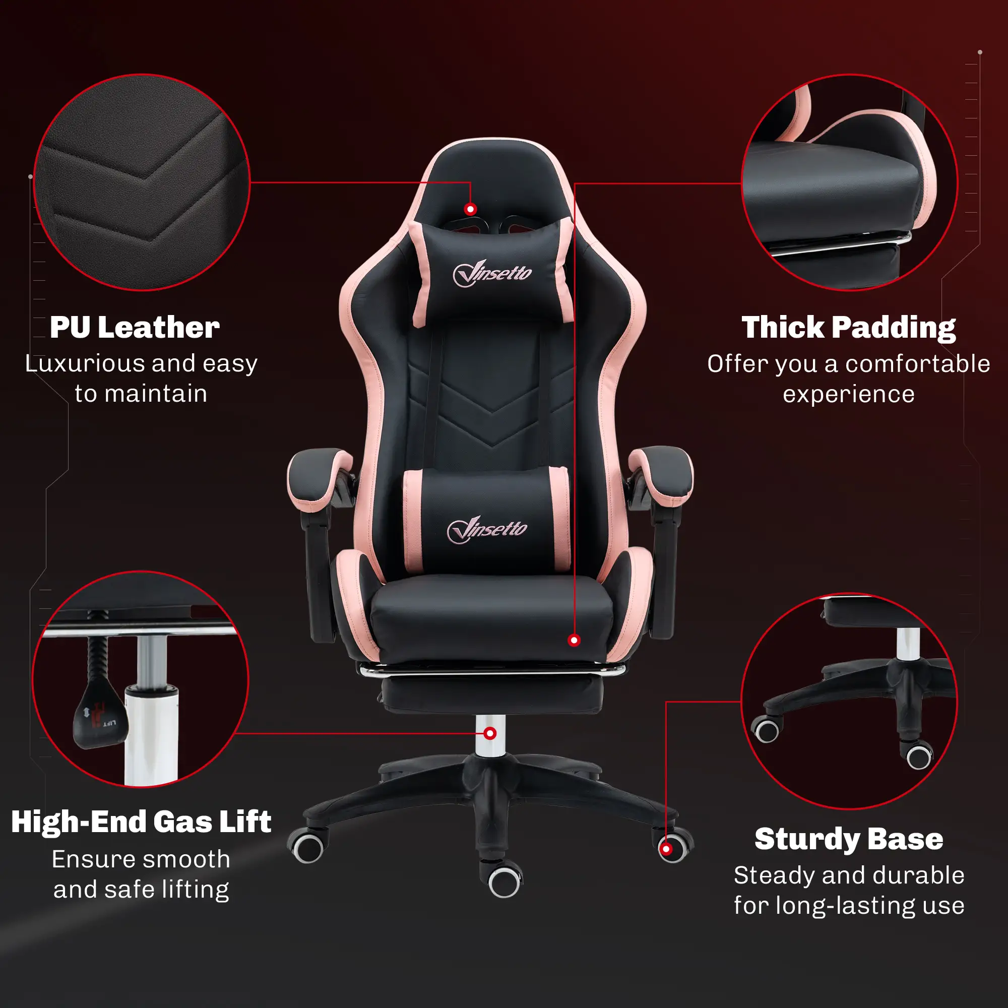 Gaming Chair, PU Leather Office Desk Chair with Footrest, Swivel Wheels, 135° Reclining Back, Black - Image 7