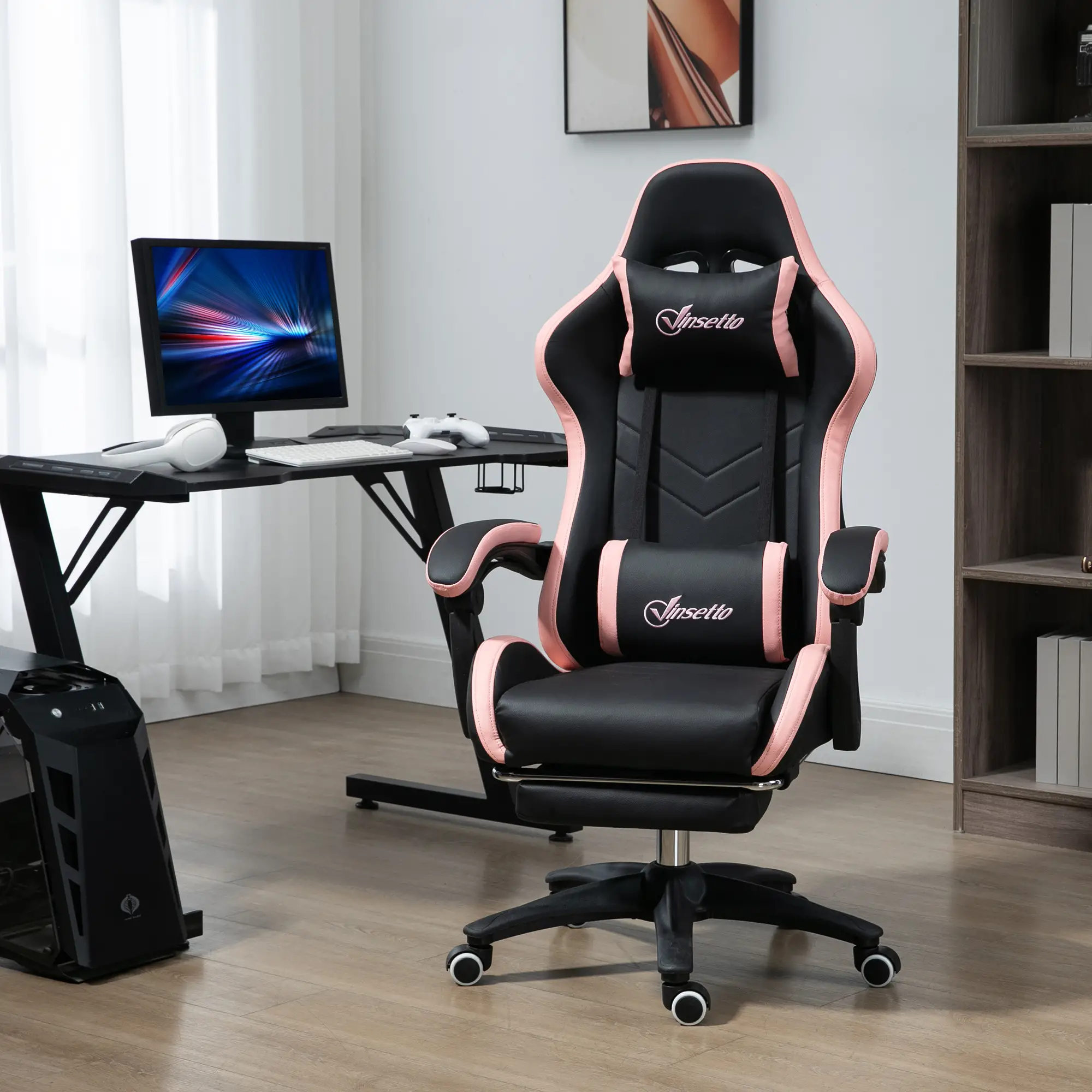 Gaming Chair, PU Leather Office Desk Chair with Footrest, Swivel Wheels, 135° Reclining Back, Black - Image 8