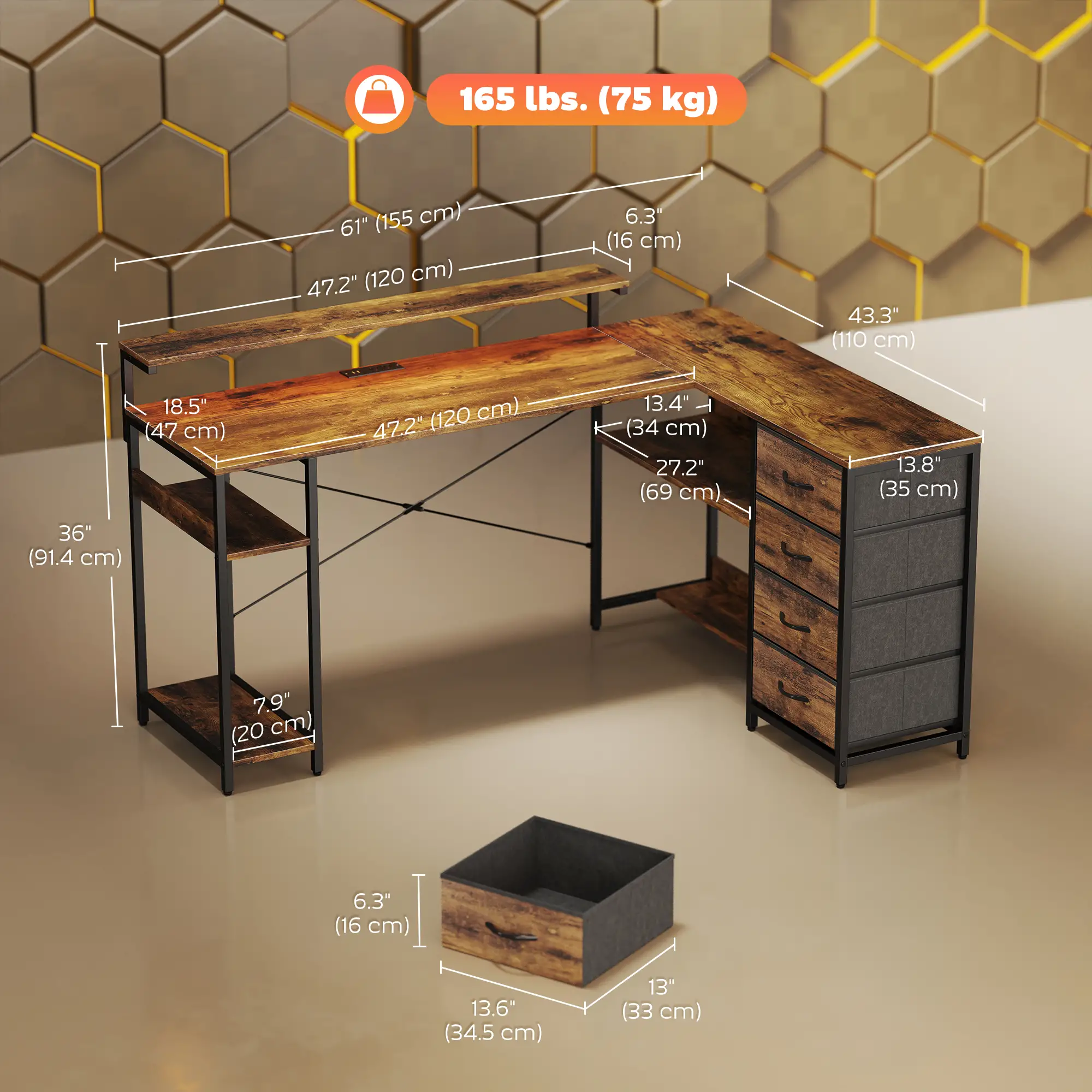Gaming Desk With Power Outlets, LED Lights, Drawers, Monitor Stand, 61", Rustic Brown - Image 3