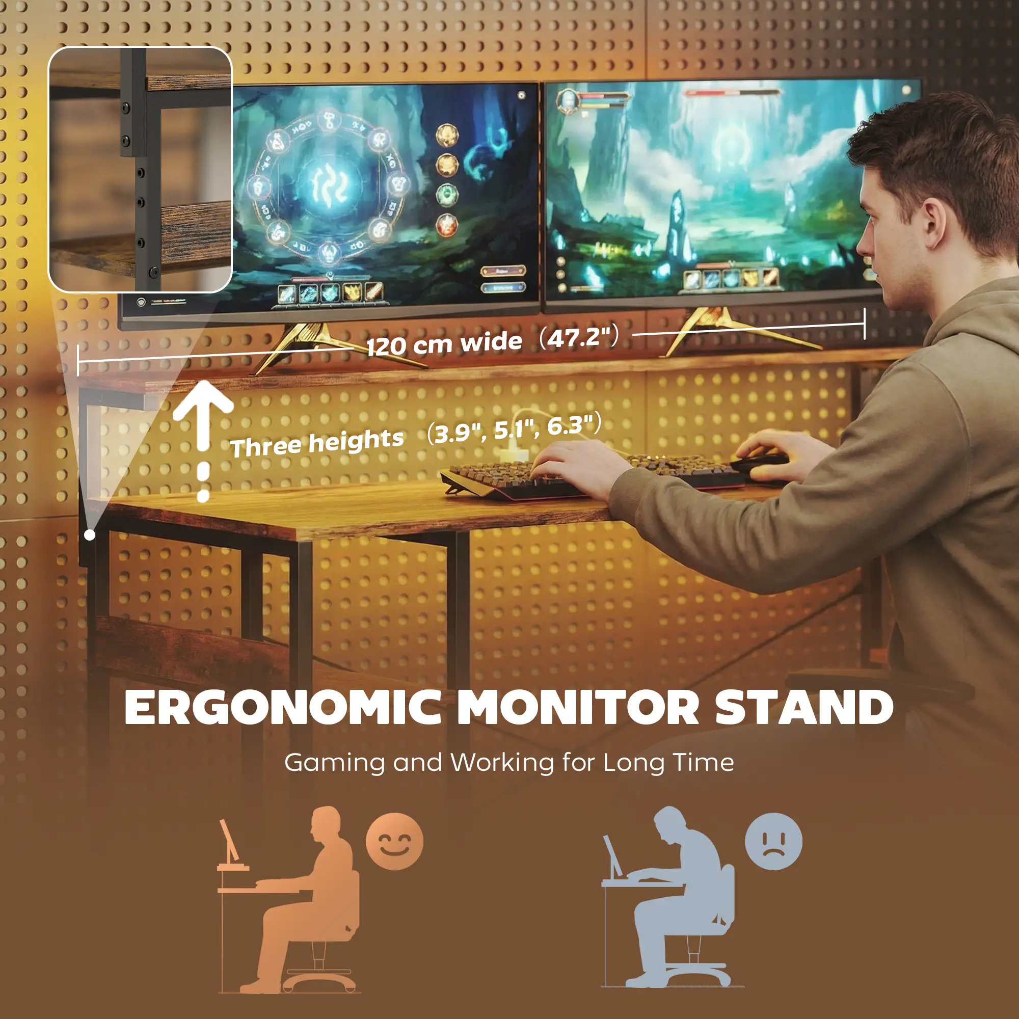 Gaming Desk With Power Outlets, LED Lights, Drawers, Monitor Stand, 61", Rustic Brown - Image 5