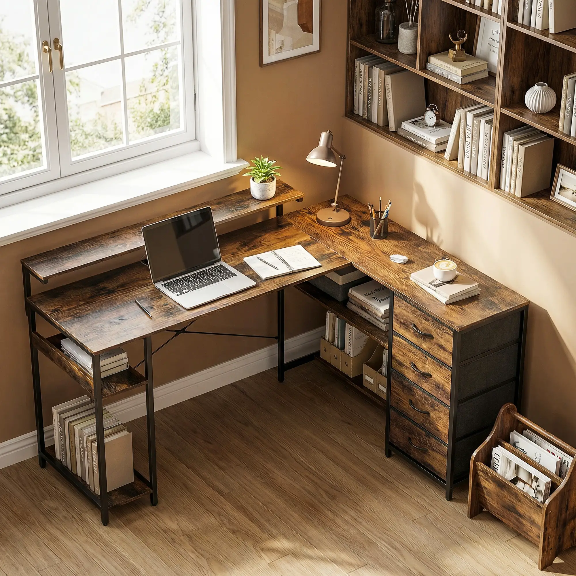 Gaming Desk With Power Outlets, LED Lights, Drawers, Monitor Stand, 61", Rustic Brown - Image 9