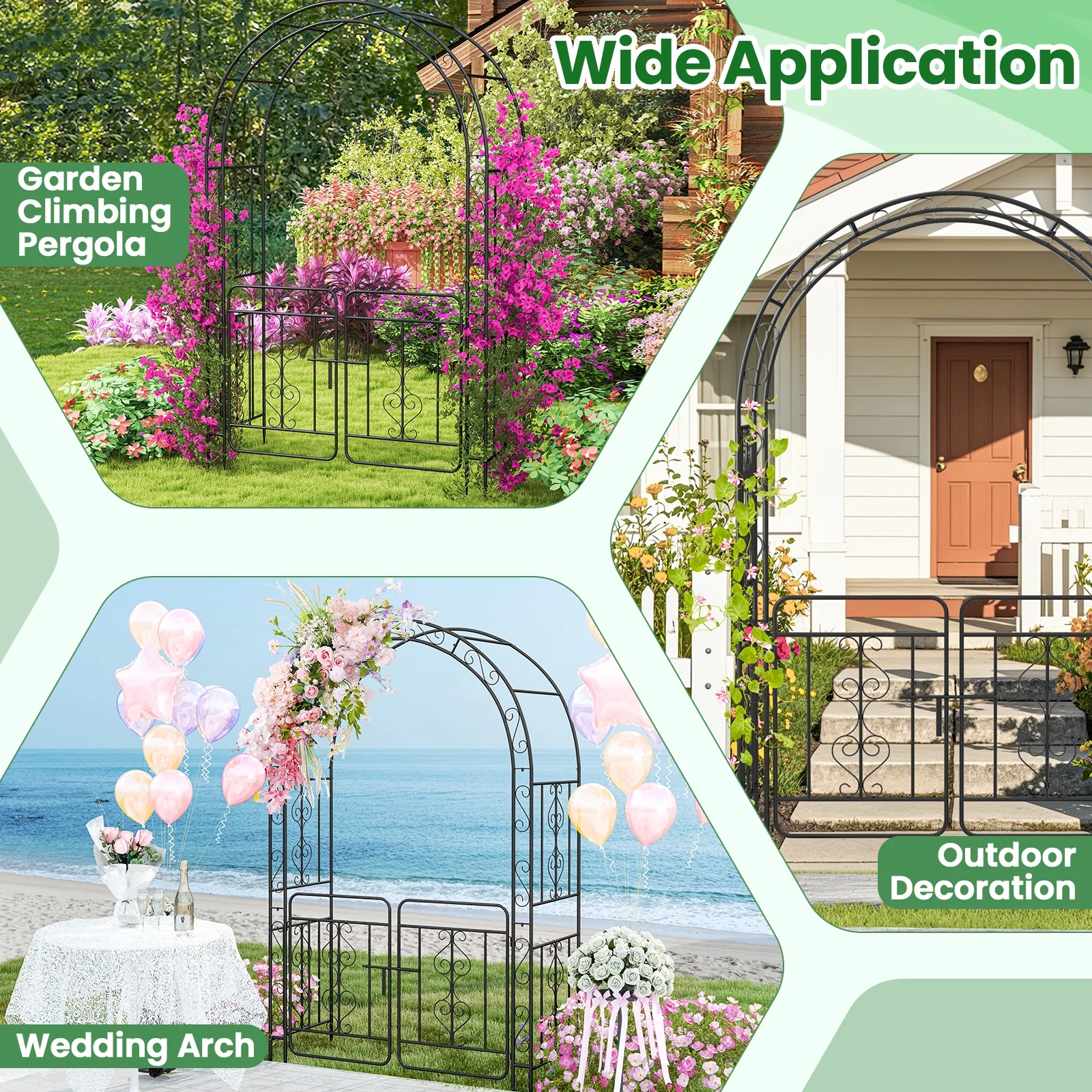 Garden Arbor With Gate, Multiple Side Crossbars, 4 Sharp Ground Stakes, Black - Image 10