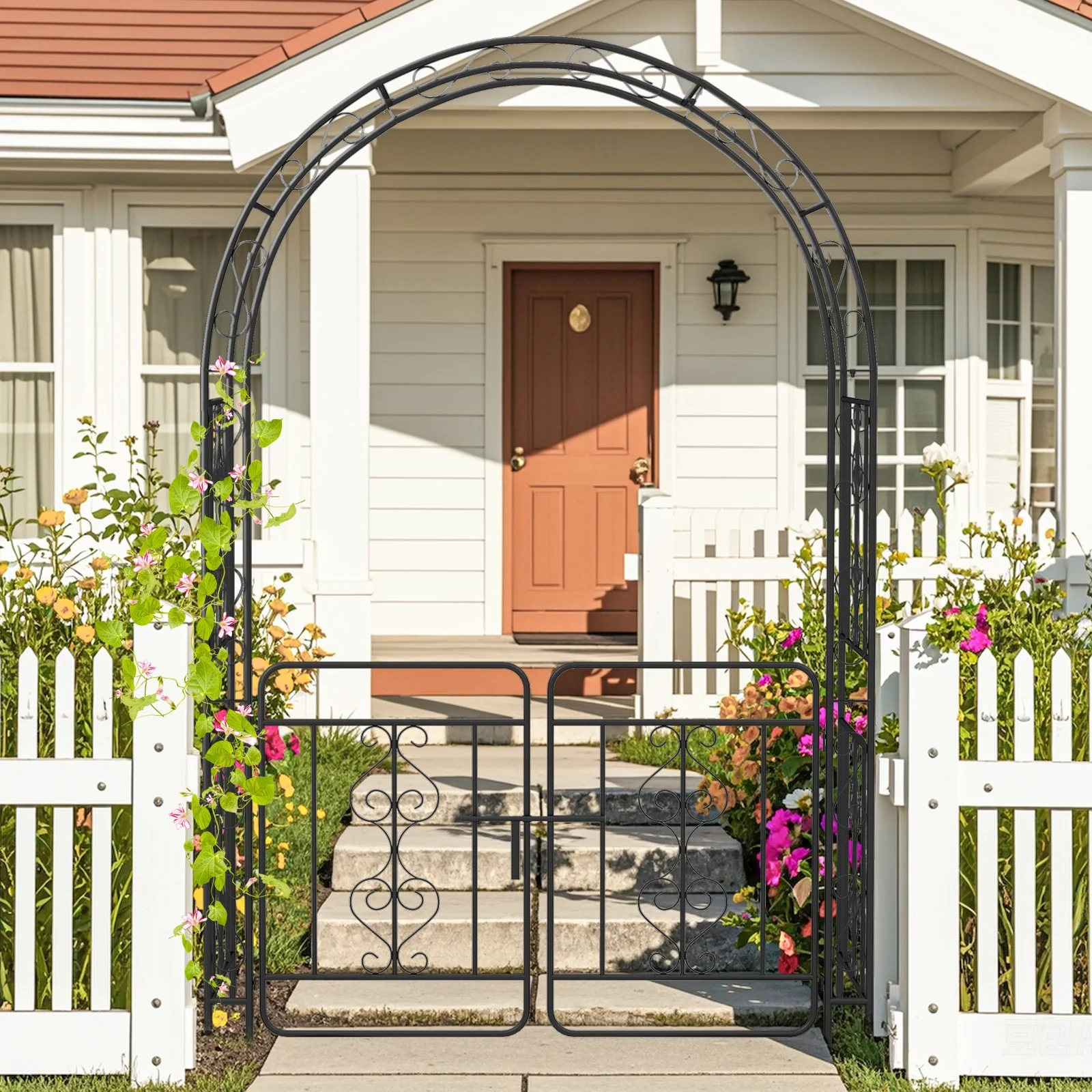 Garden Arbor With Gate, Multiple Side Crossbars, 4 Sharp Ground Stakes, Black - Image 3