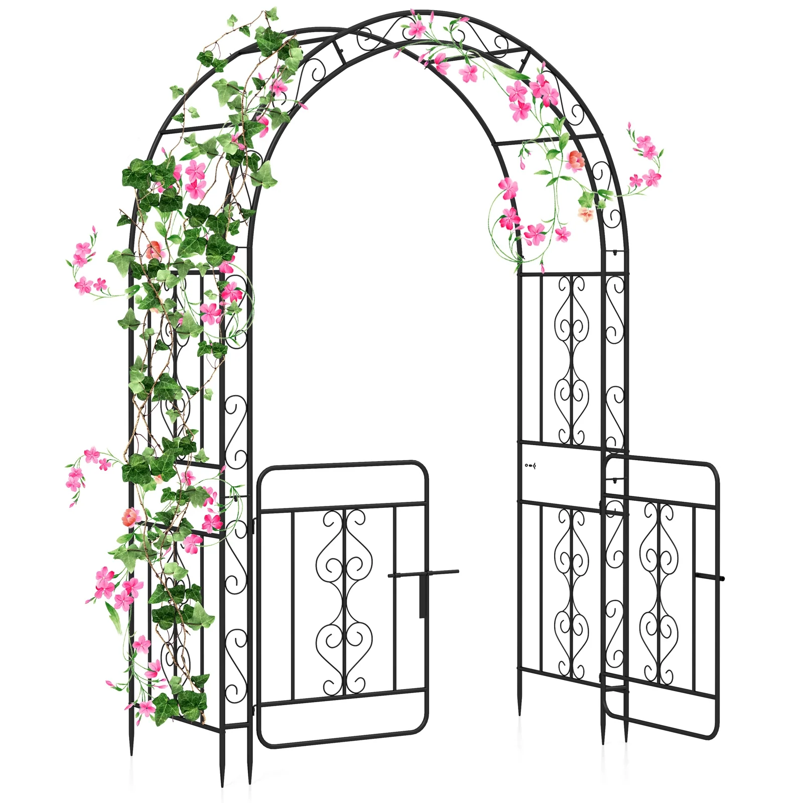 Garden Arbor With Gate, Multiple Side Crossbars, 4 Sharp Ground Stakes, Black - Image 5