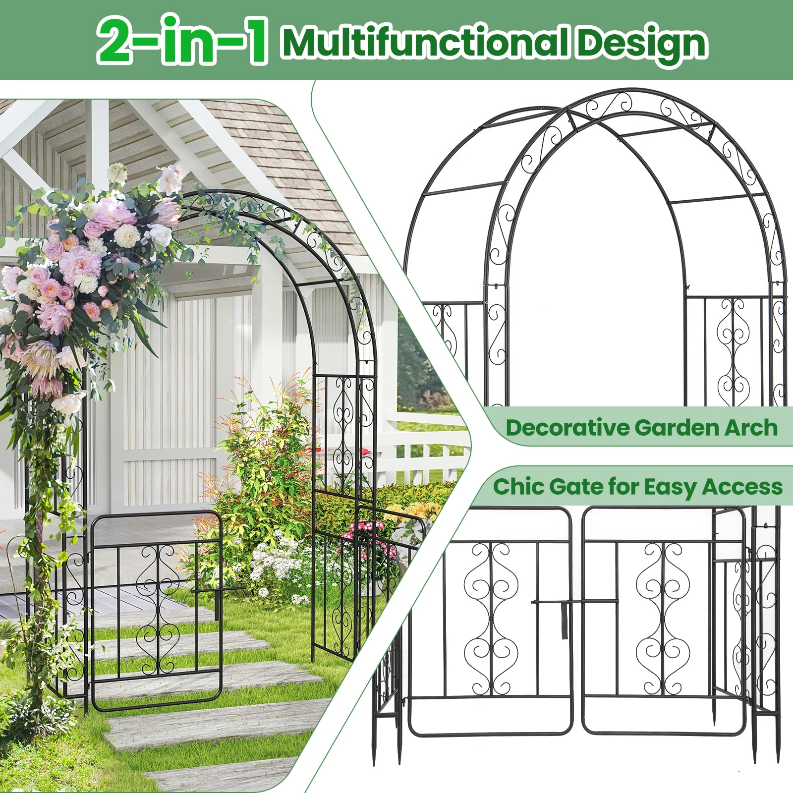 Garden Arbor With Gate, Multiple Side Crossbars, 4 Sharp Ground Stakes, Black - Image 9