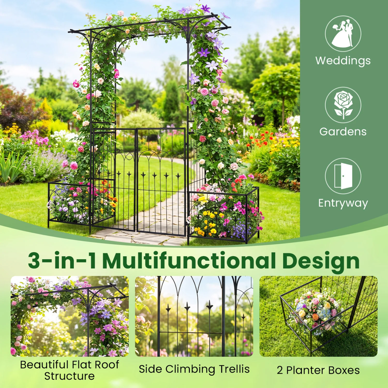 Garden Arbor With Gate, Planter Boxes, Heavy Duty Metal Arch - Image 6