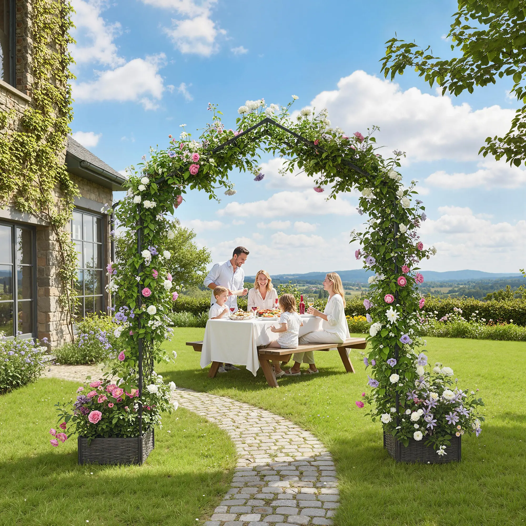 Garden Arch Trellis Arbor With 2 Planter Boxes, 90.6" x 15.7" x 88.2", Black - Image 2