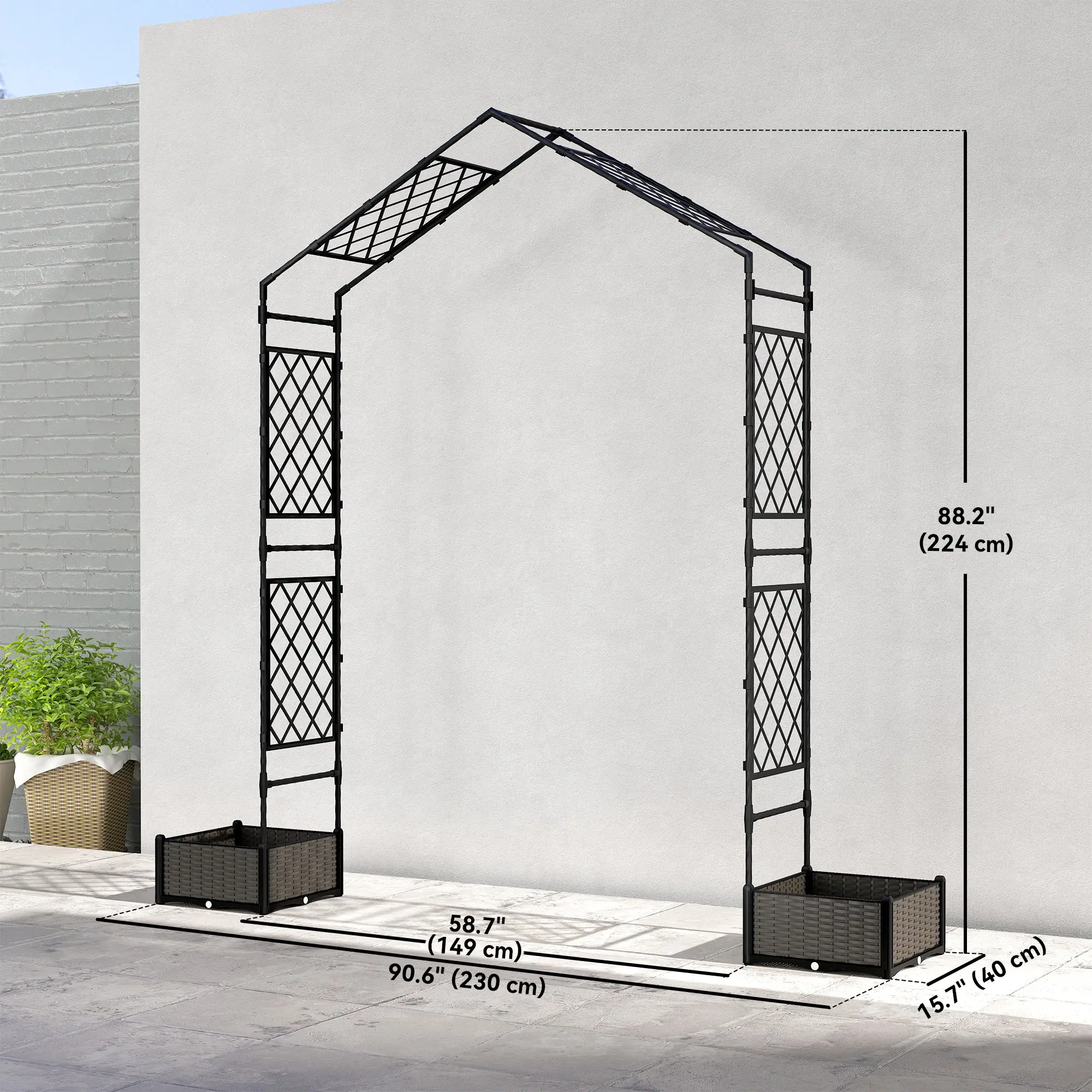 Garden Arch Trellis Arbor With 2 Planter Boxes, 90.6" x 15.7" x 88.2", Black - Image 3