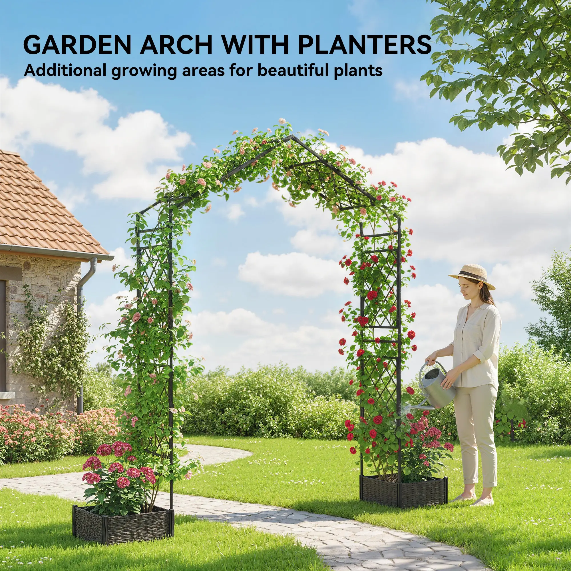 Garden Arch Trellis Arbor With 2 Planter Boxes, 90.6" x 15.7" x 88.2", Black - Image 5