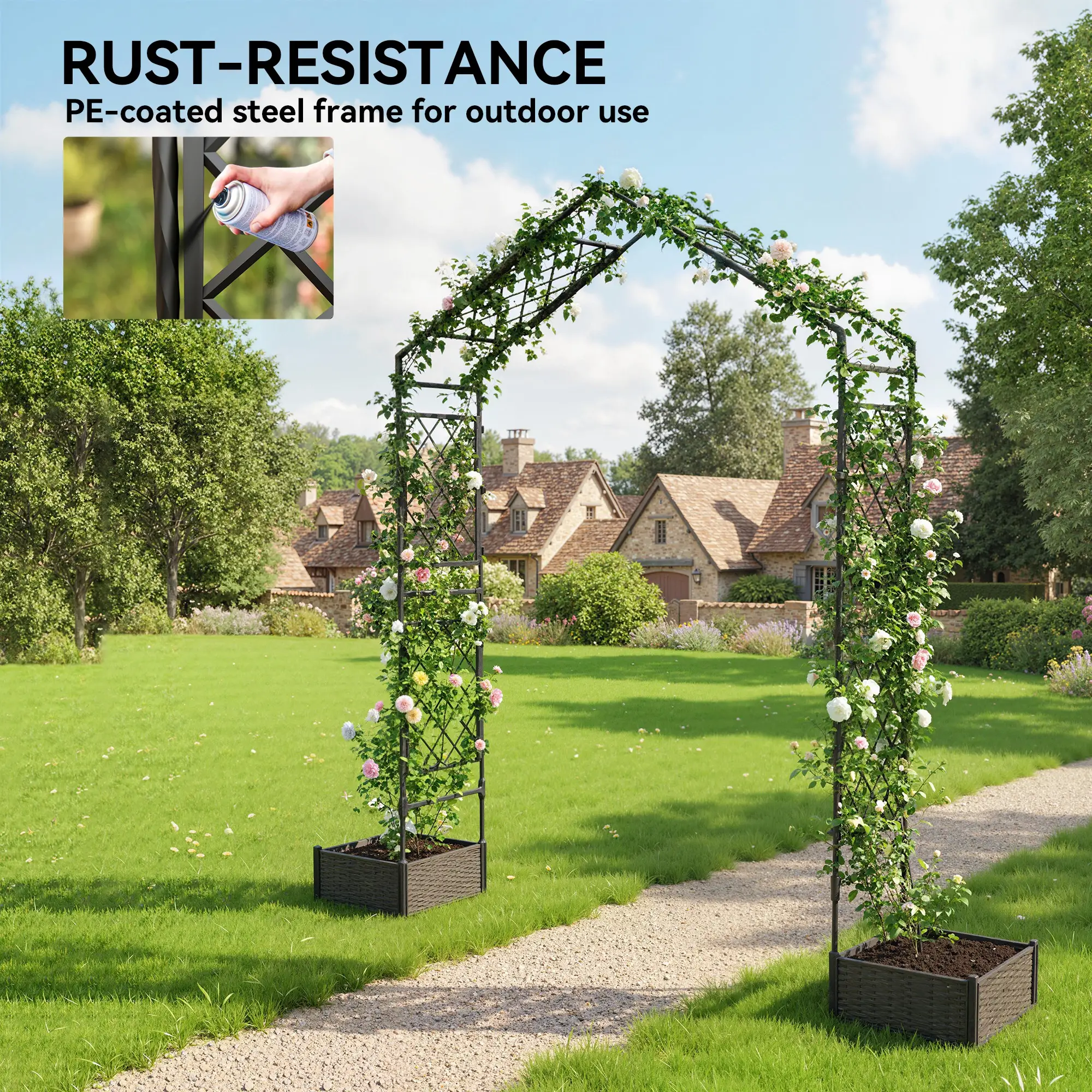 Garden Arch Trellis Arbor With 2 Planter Boxes, 90.6" x 15.7" x 88.2", Black - Image 6