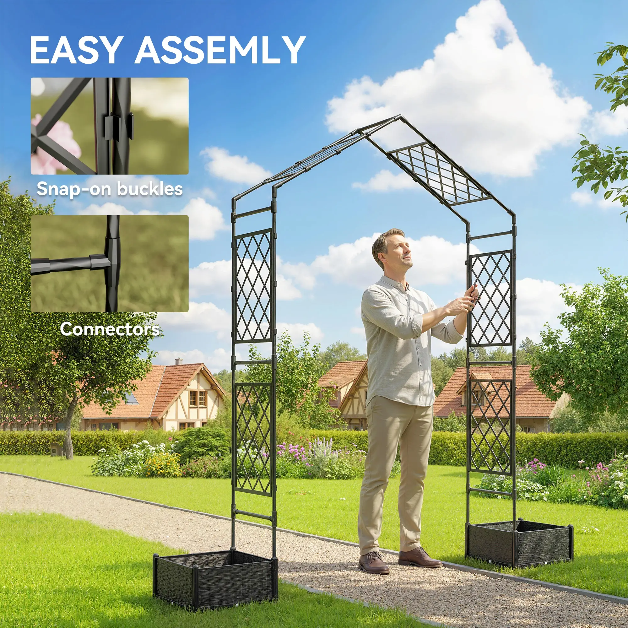 Garden Arch Trellis Arbor With 2 Planter Boxes, 90.6" x 15.7" x 88.2", Black - Image 7