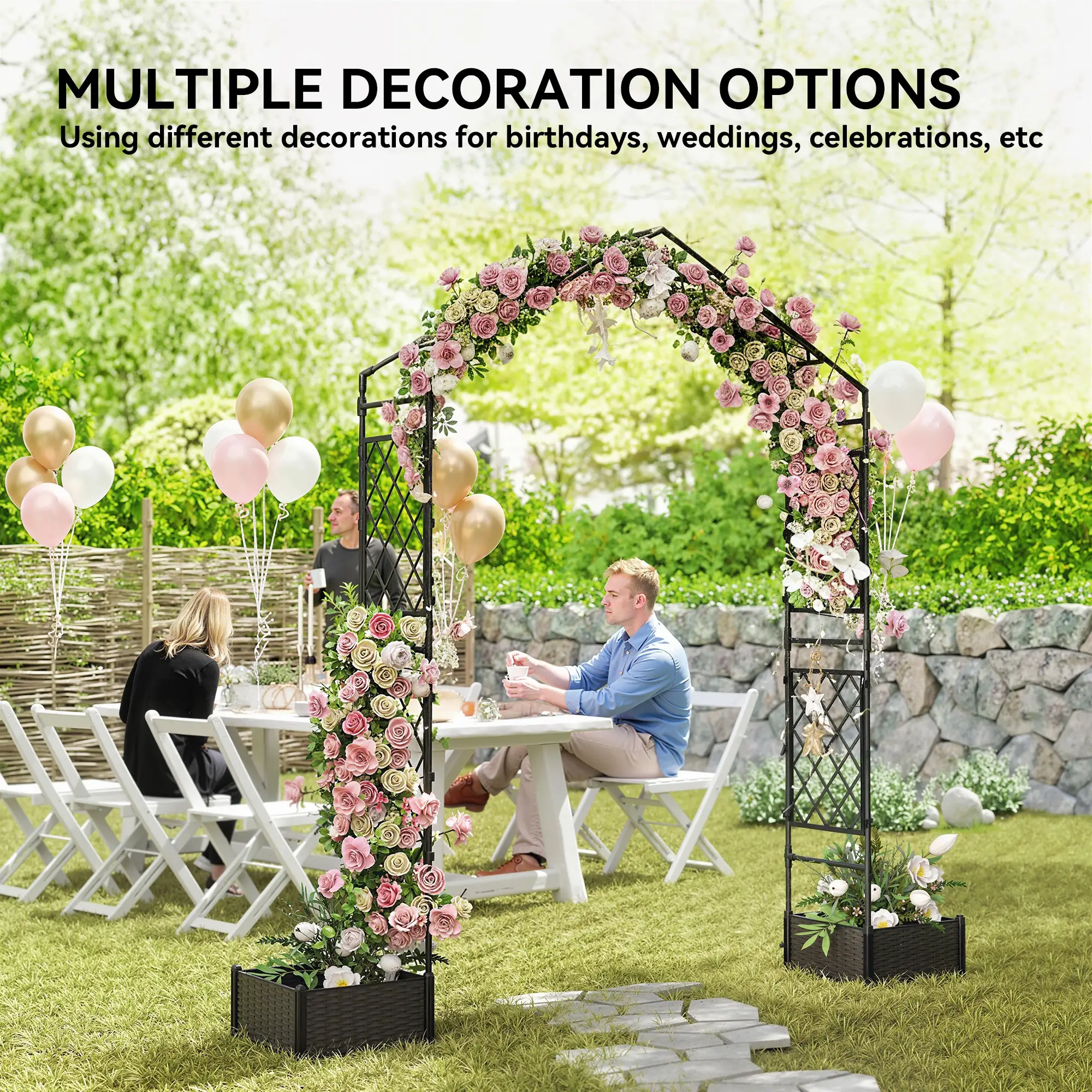 Garden Arch Trellis Arbor With 2 Planter Boxes, 90.6" x 15.7" x 88.2", Black - Image 9