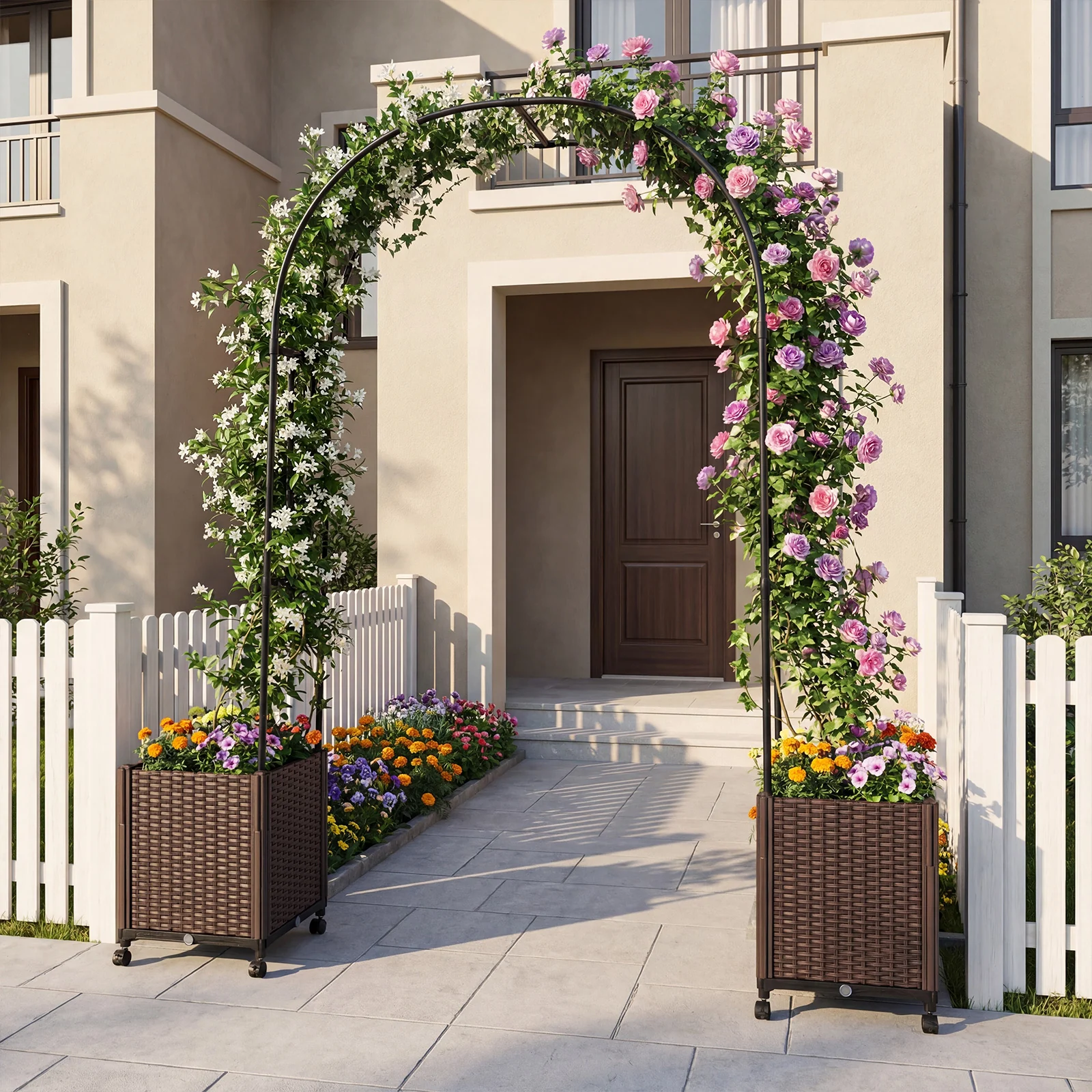 Garden Arch Trellis With 2 Self-Watering Planter Boxes, Black - Image 3