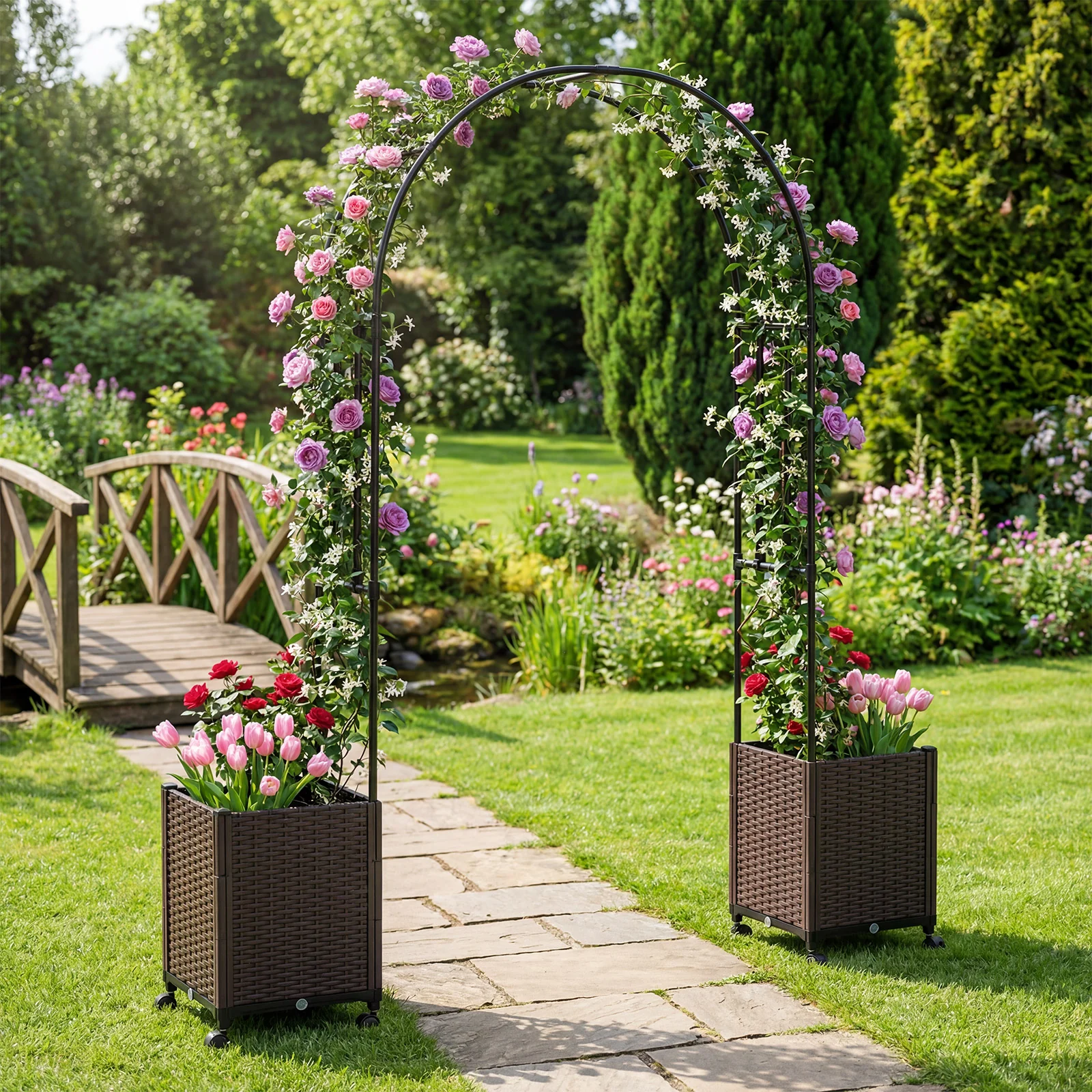 Garden Arch Trellis With 2 Self-Watering Planter Boxes, Black - Image 6