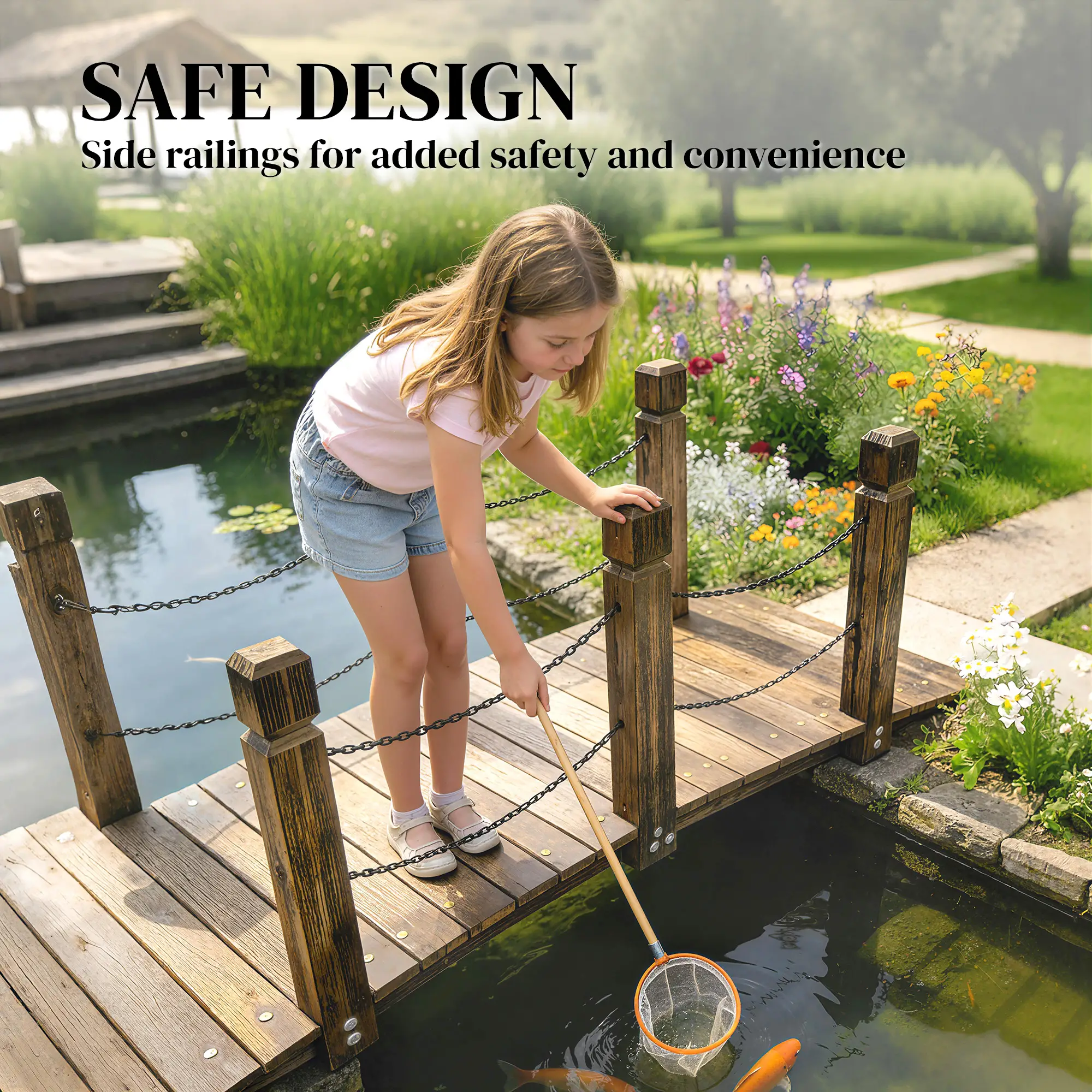 Garden Bridge, Carbonized Wood, Chain Handrails, 5ft - Image 5