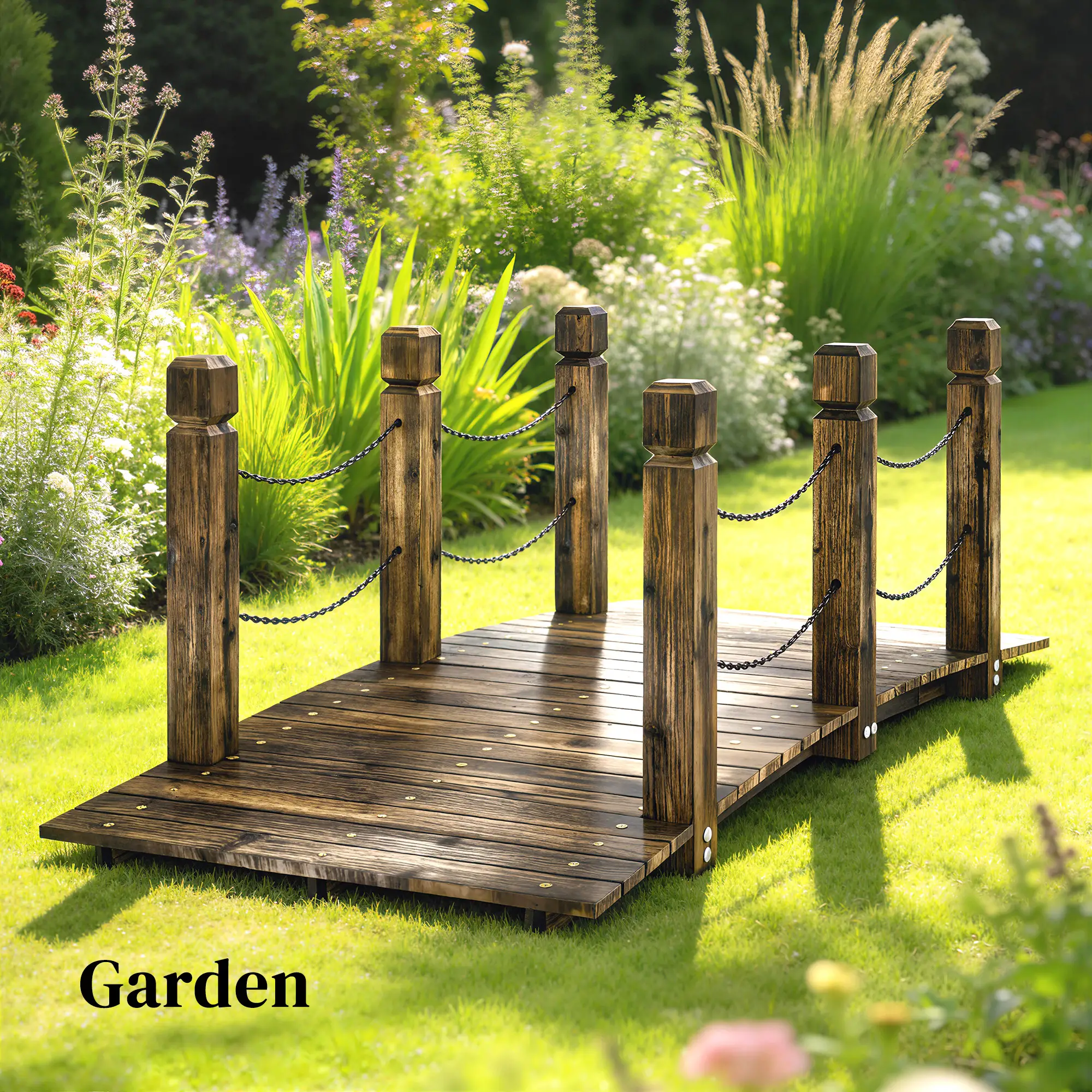 Garden Bridge, Carbonized Wood, Chain Handrails, 5ft - Image 7