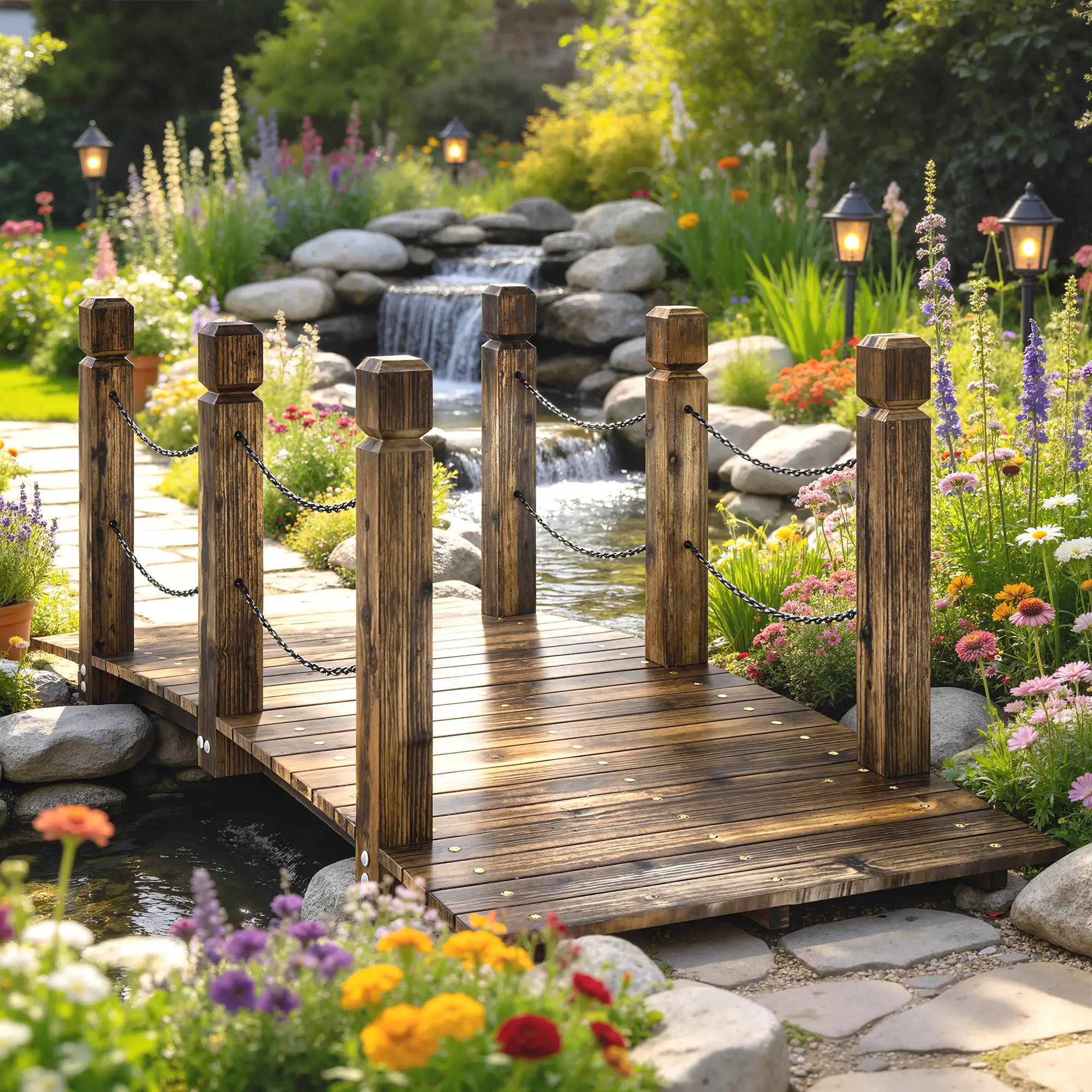 Garden Bridge, Carbonized Wood, Chain Handrails, 5ft - Image 8