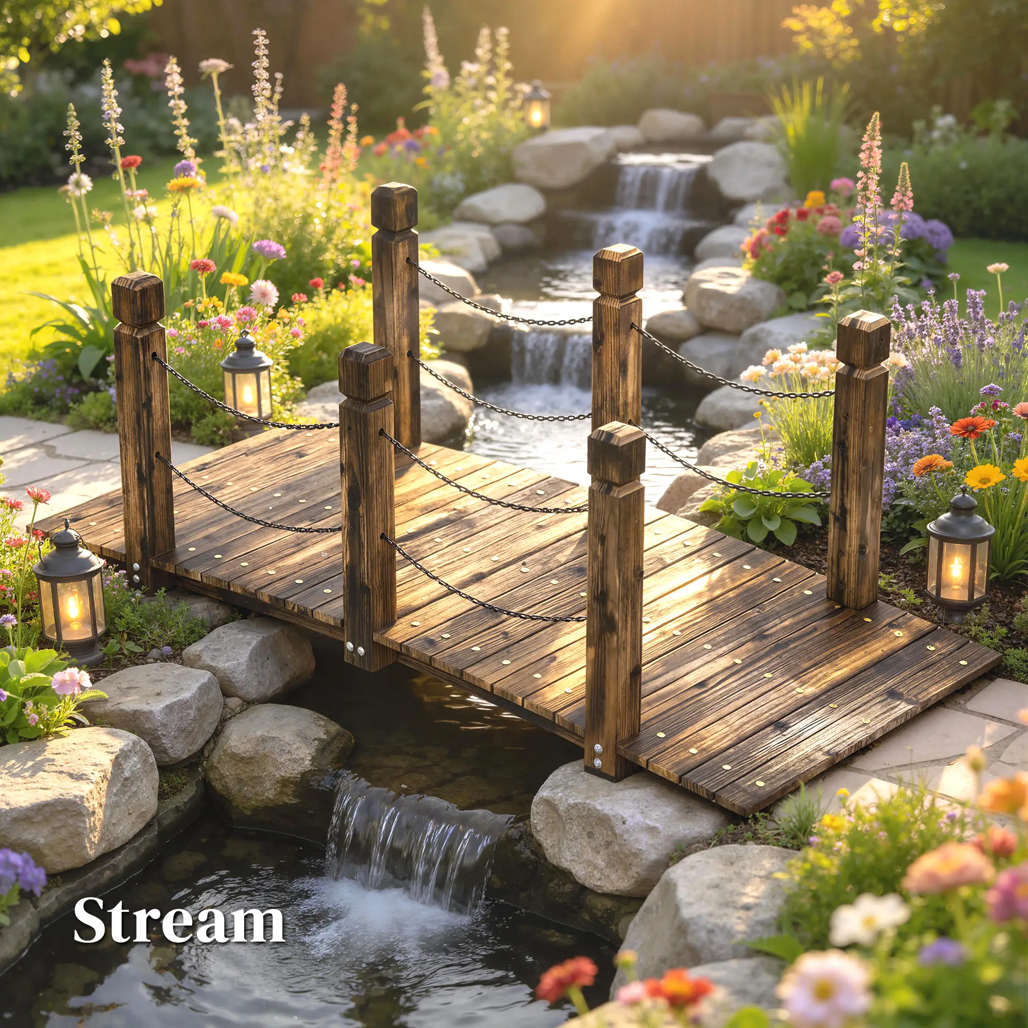 Garden Bridge, Carbonized Wood, Chain Handrails, 5ft - Image 9