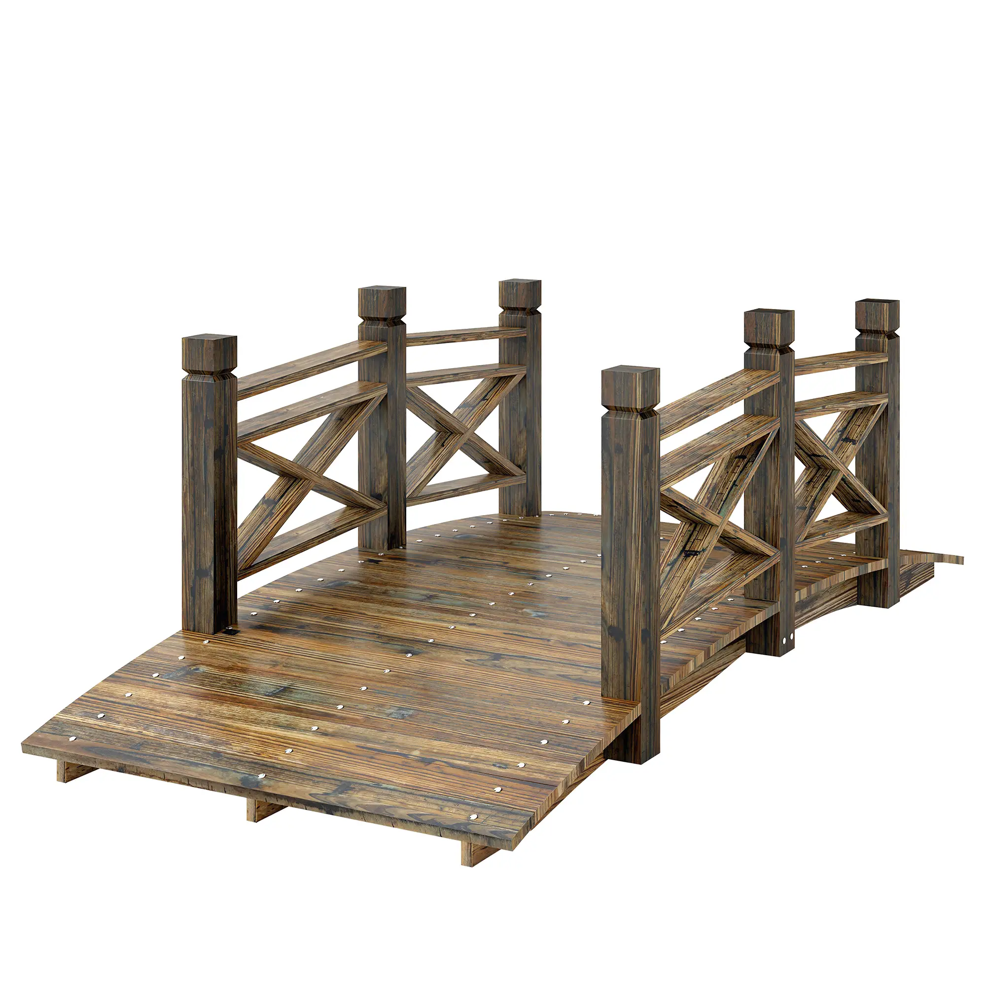 Garden Bridge, Wooden Arch Footbridge With Safety Rails, Carbonized