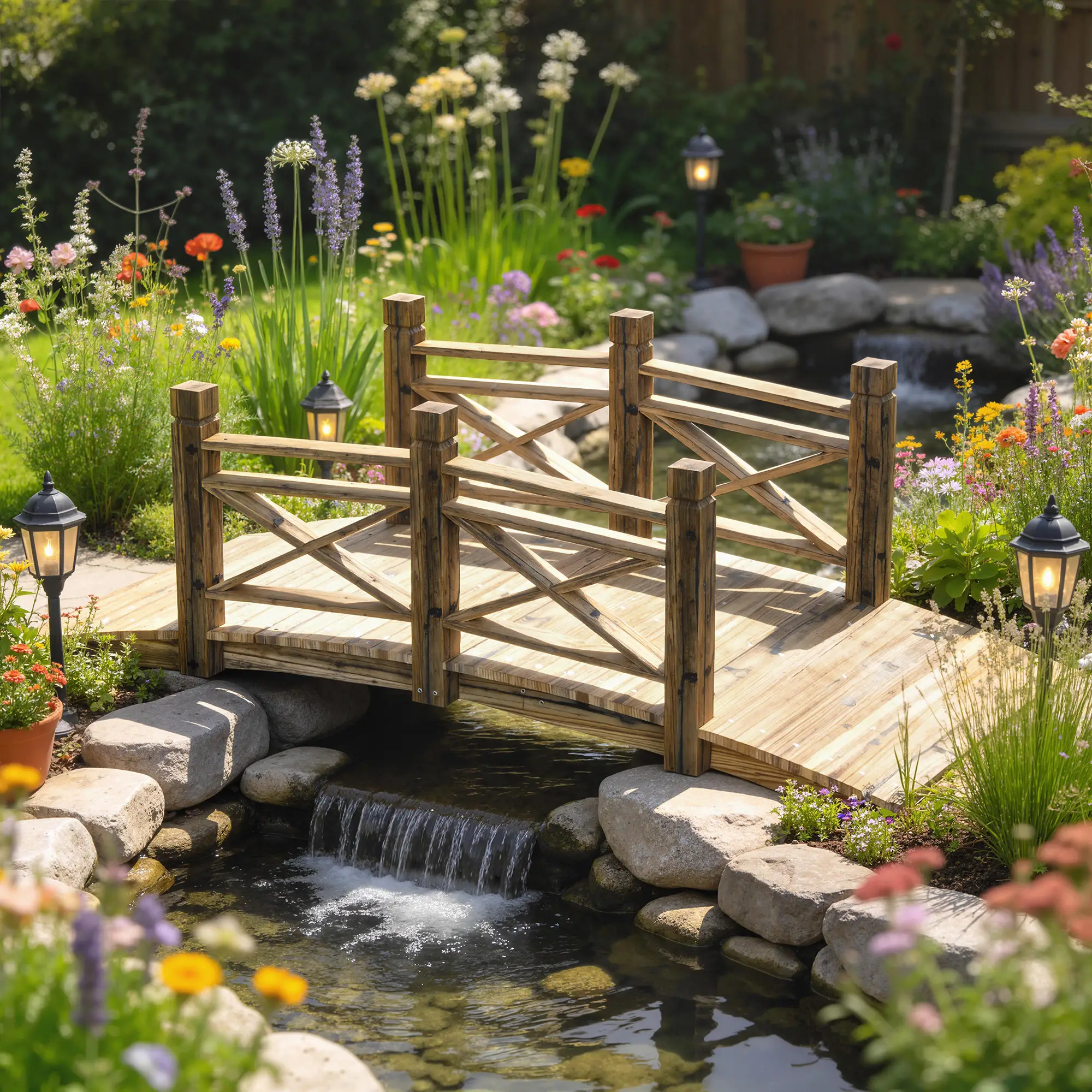 Garden Bridge, Wooden Arch Footbridge With Safety Rails, Carbonized - Image 2