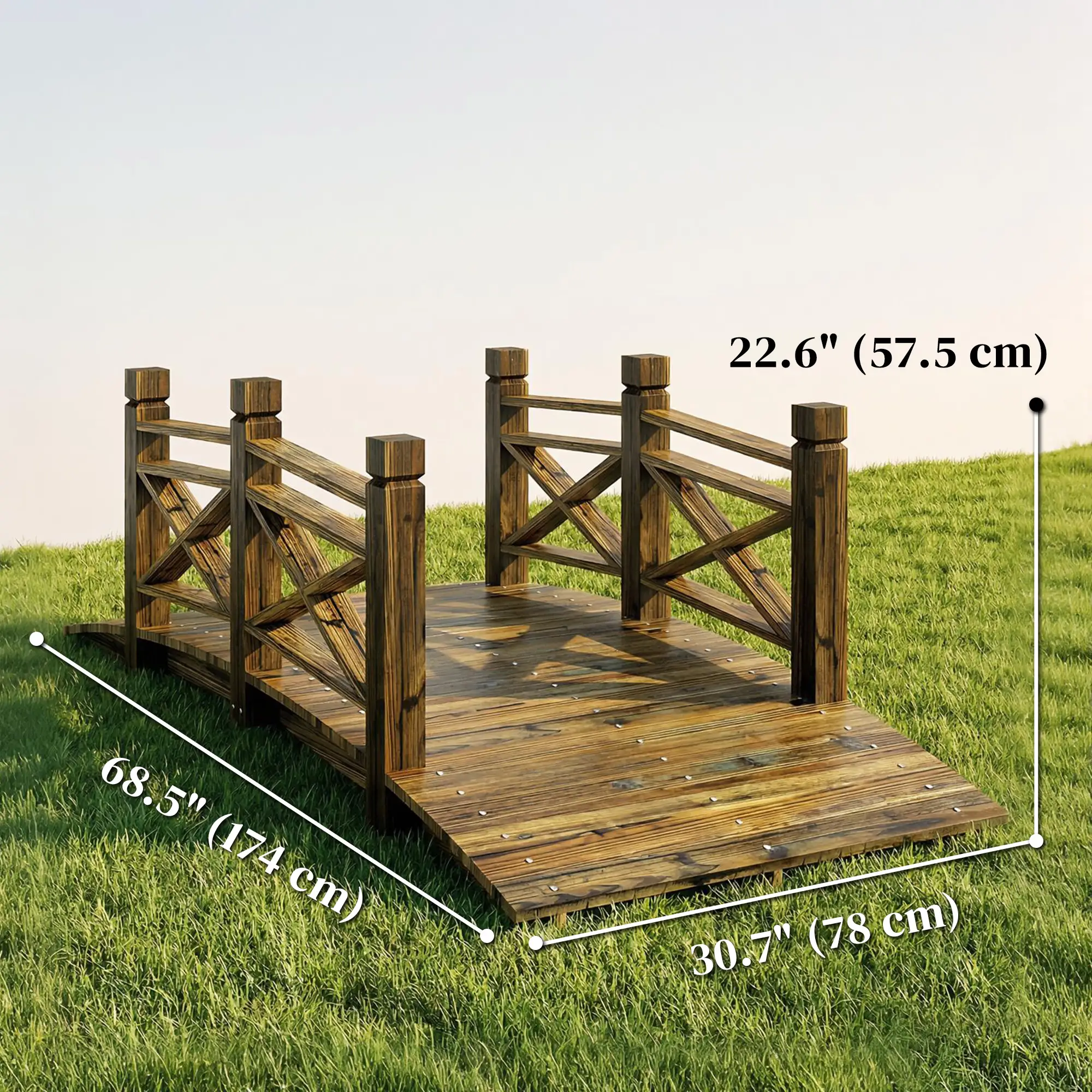 Garden Bridge, Wooden Arch Footbridge With Safety Rails, Carbonized - Image 3