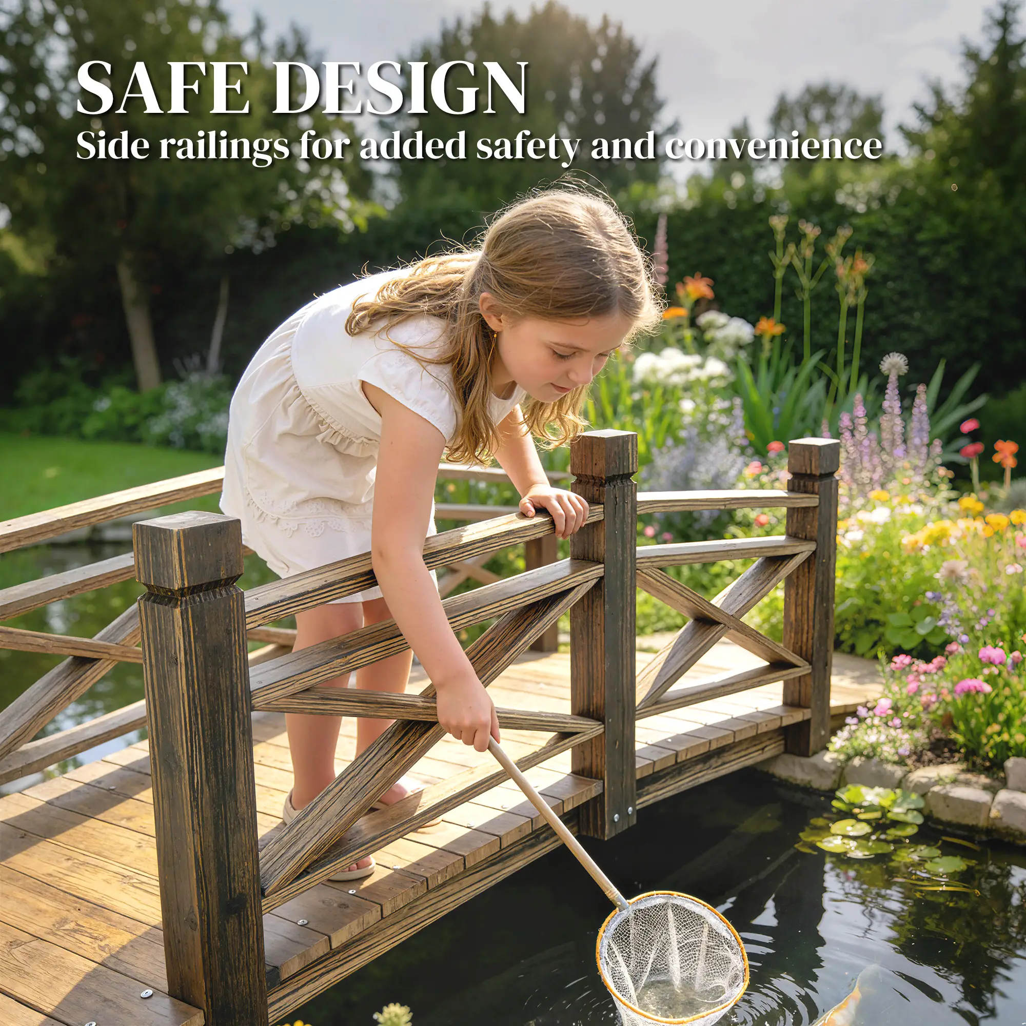 Garden Bridge, Wooden Arch Footbridge With Safety Rails, Carbonized - Image 5