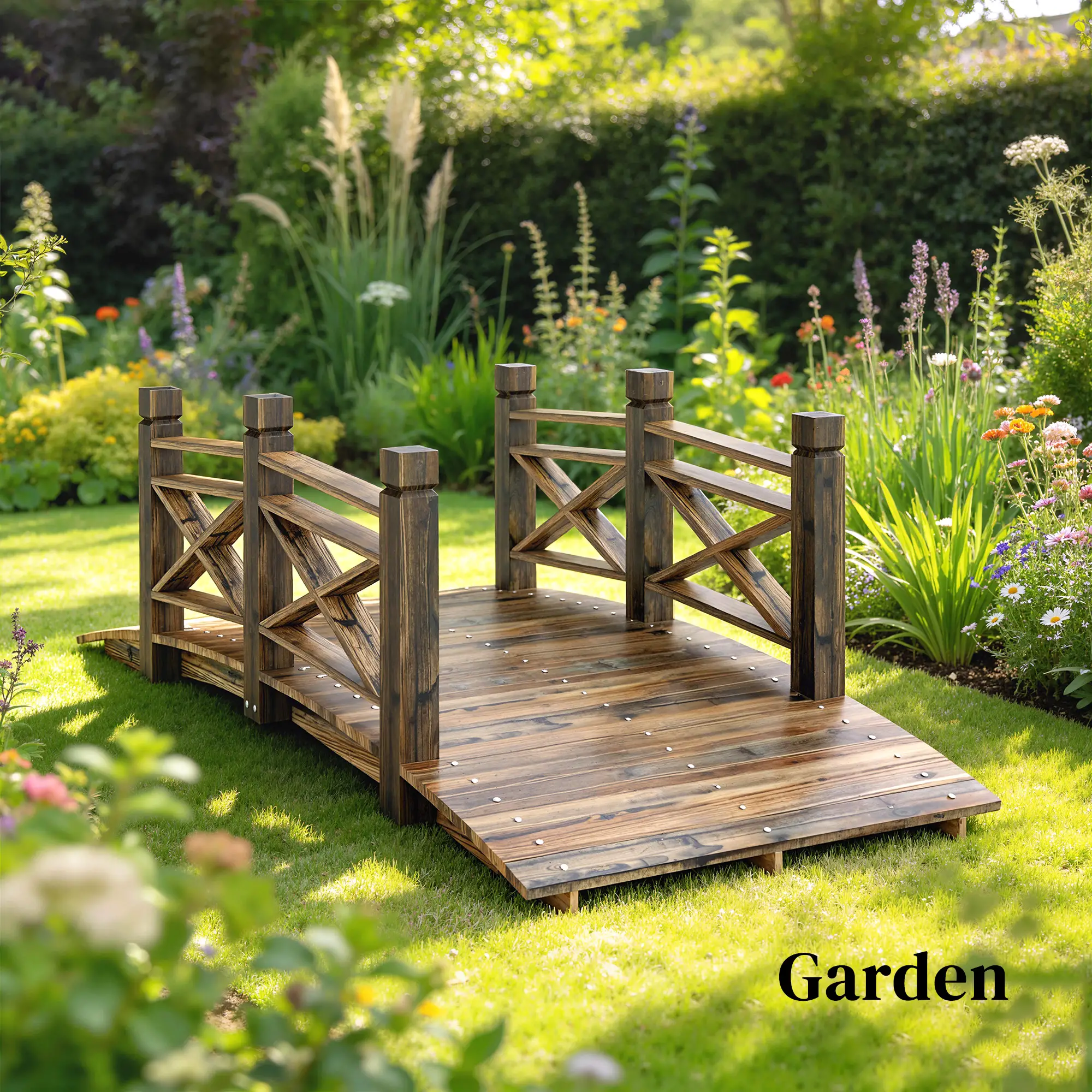 Garden Bridge, Wooden Arch Footbridge With Safety Rails, Carbonized - Image 6