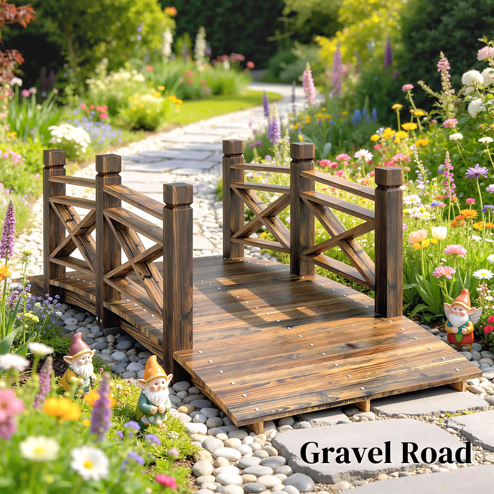 Garden Bridge, Wooden Arch Footbridge With Safety Rails, Carbonized - Image 8
