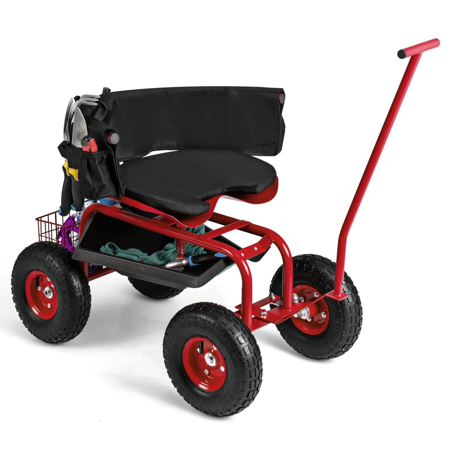 Garden Cart With Adjustable Seat, Storage Basket, Red