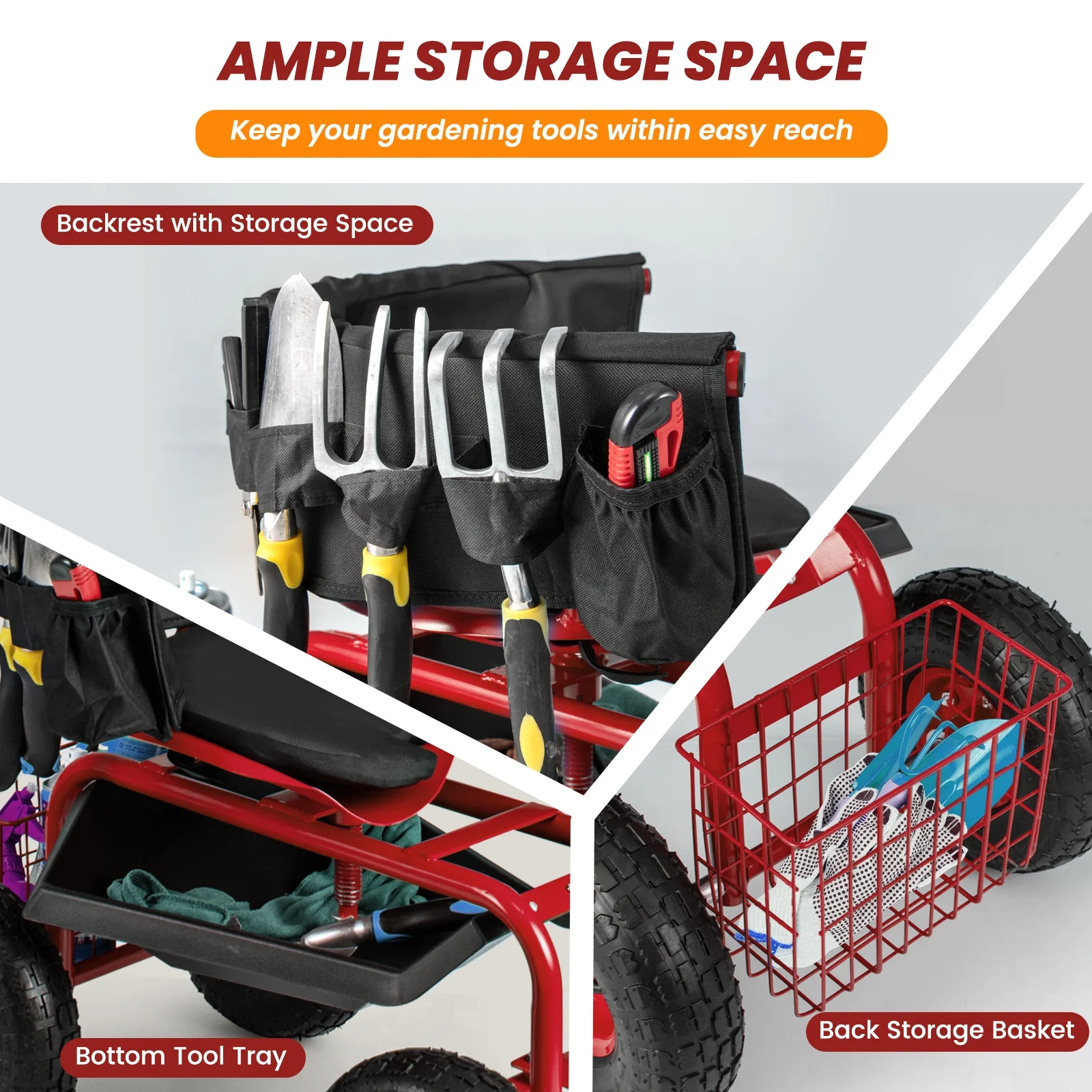 Garden Cart With Adjustable Seat, Storage Basket, Red - Image 10