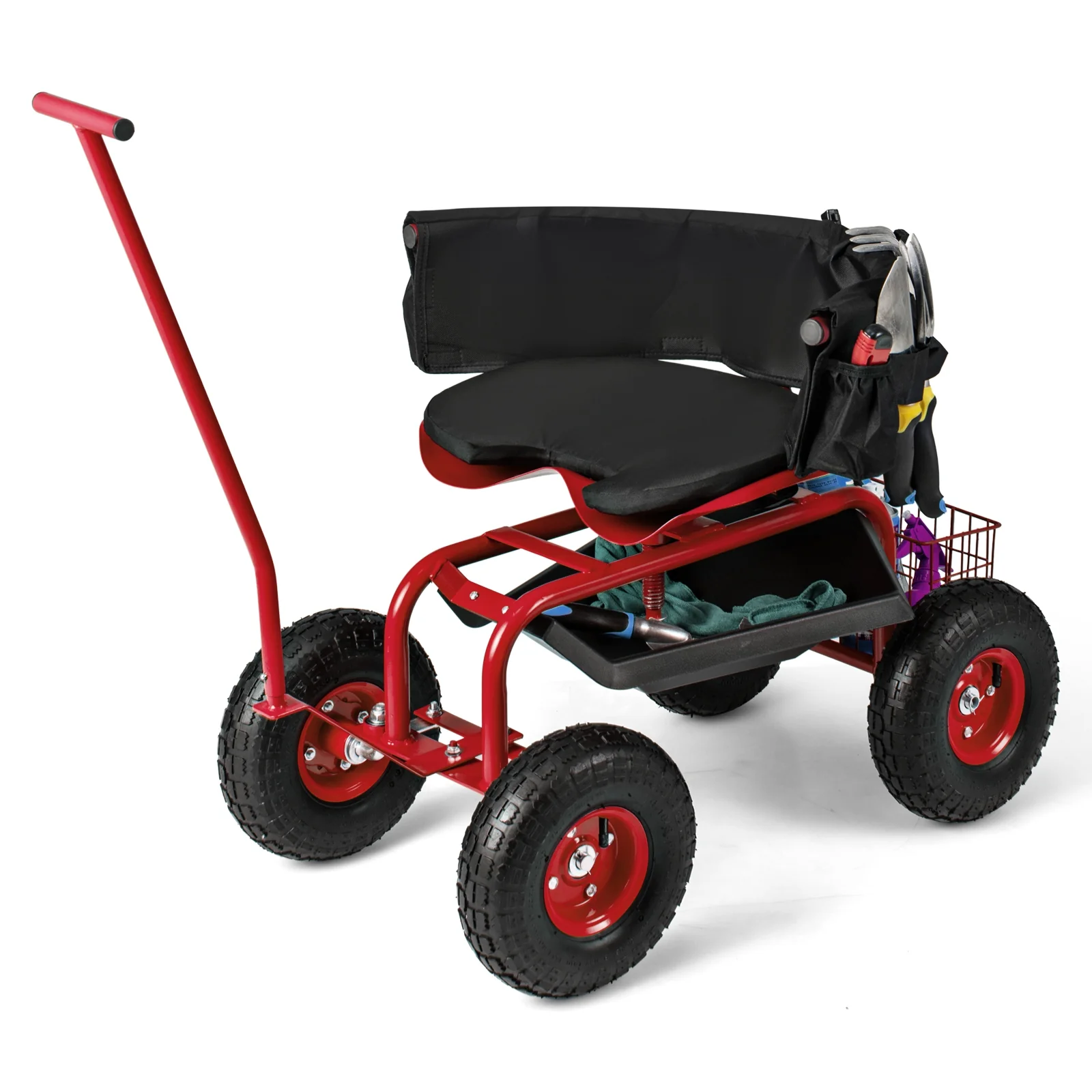 Garden Cart With Adjustable Seat, Storage Basket, Red - Image 5