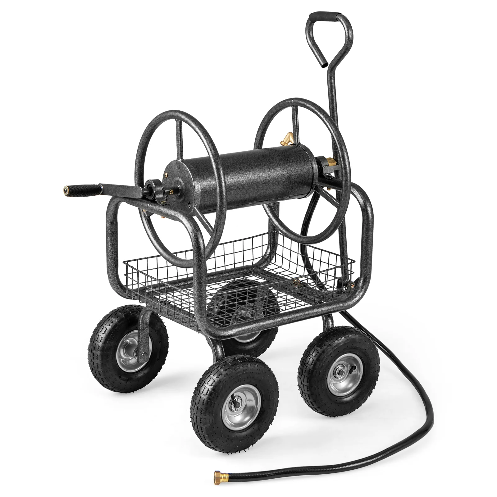 Garden Hose Reel Cart, 300 Feet, Large Capacity, 4 Wheels, Storage Basket, Gray