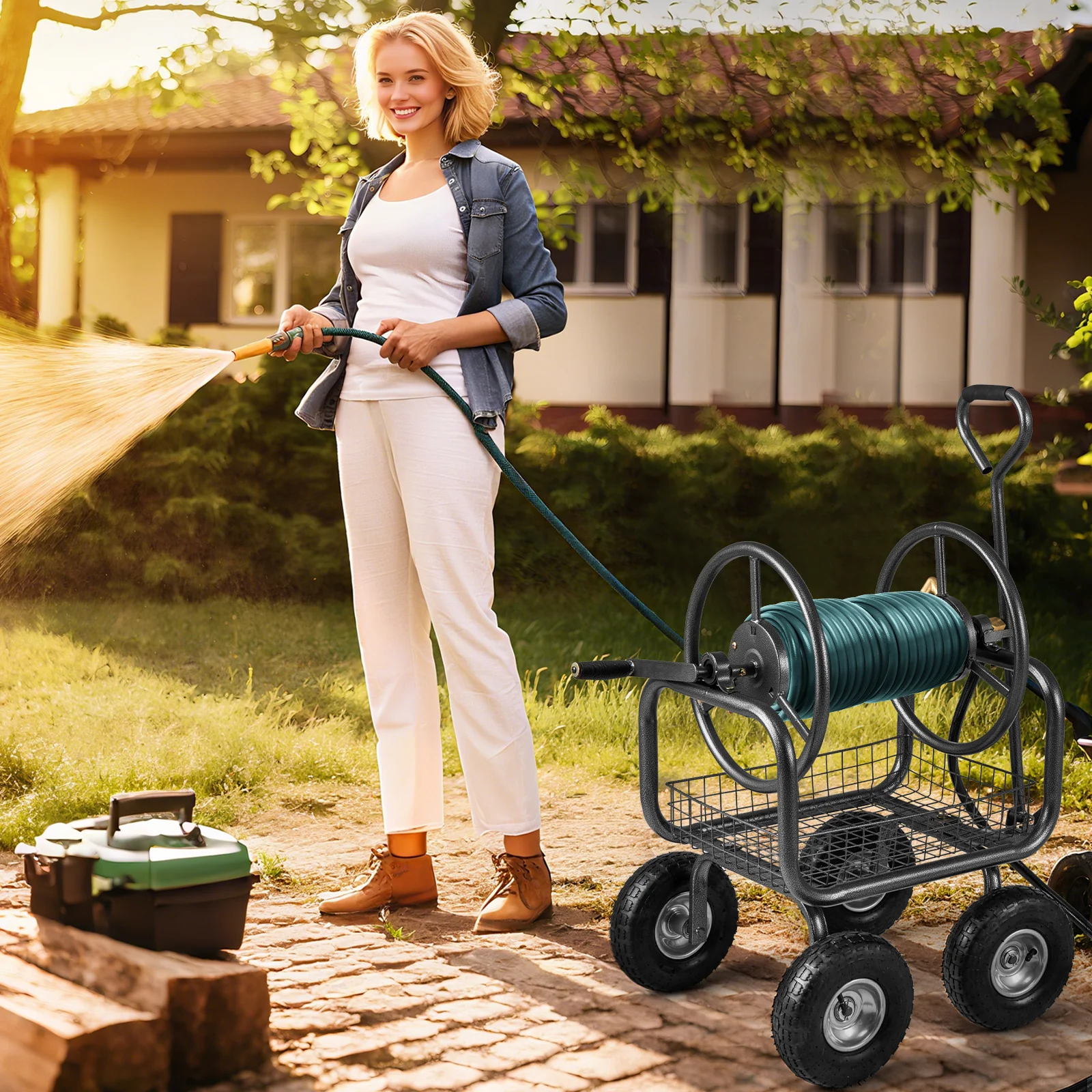 Garden Hose Reel Cart, 300 Feet, Large Capacity, 4 Wheels, Storage Basket, Gray - Image 2