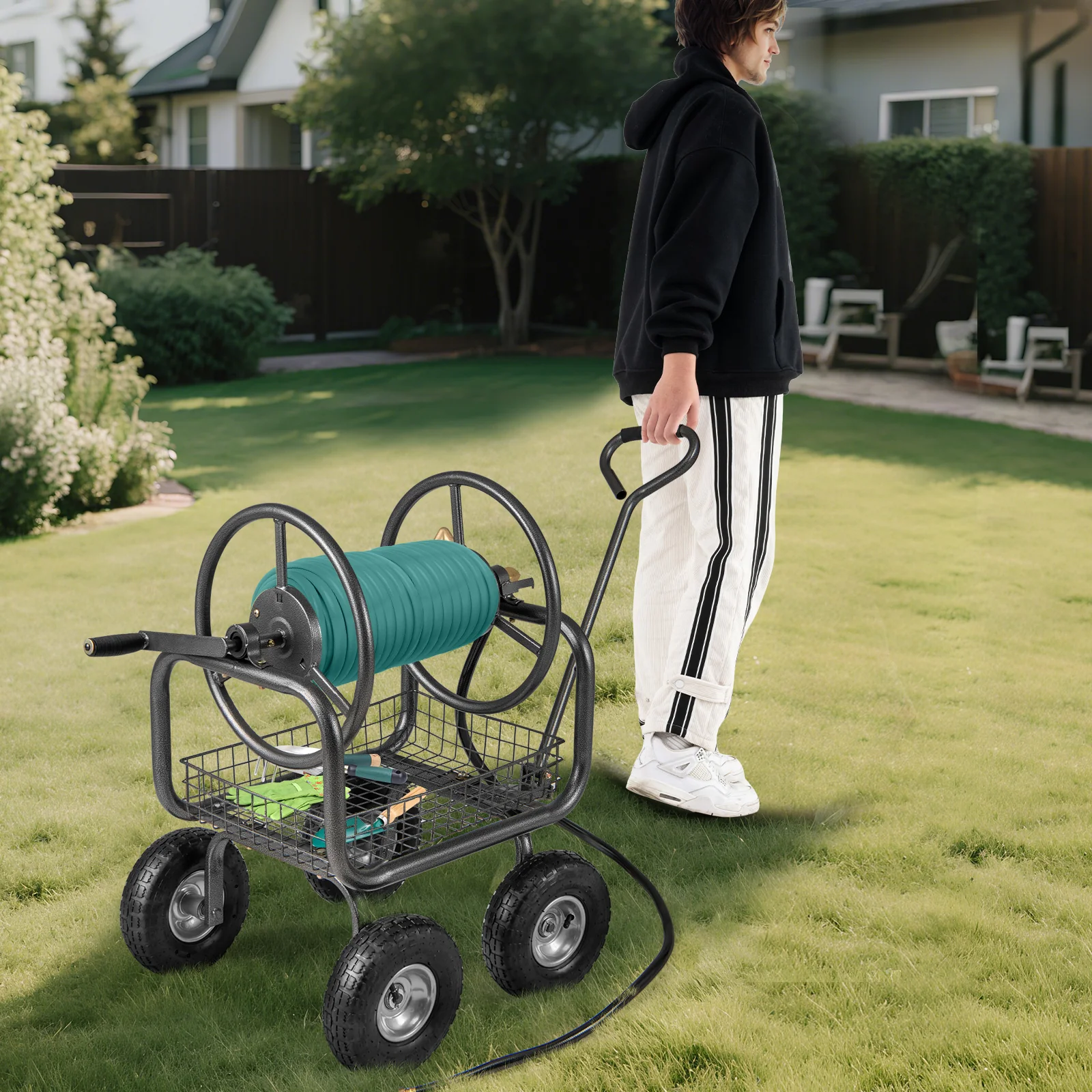 Garden Hose Reel Cart, 300 Feet, Large Capacity, 4 Wheels, Storage Basket, Gray - Image 3