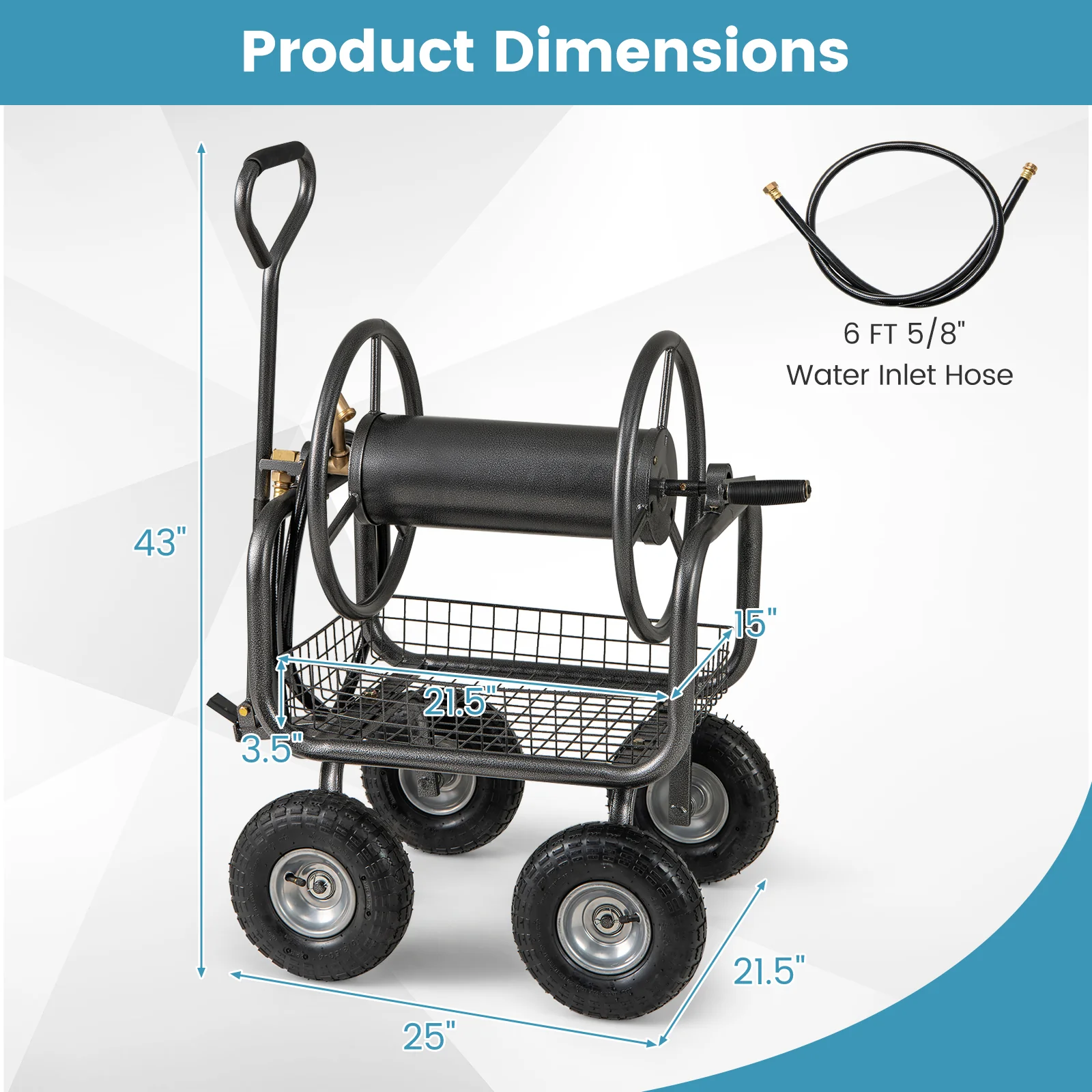 Garden Hose Reel Cart, 300 Feet, Large Capacity, 4 Wheels, Storage Basket, Gray - Image 5