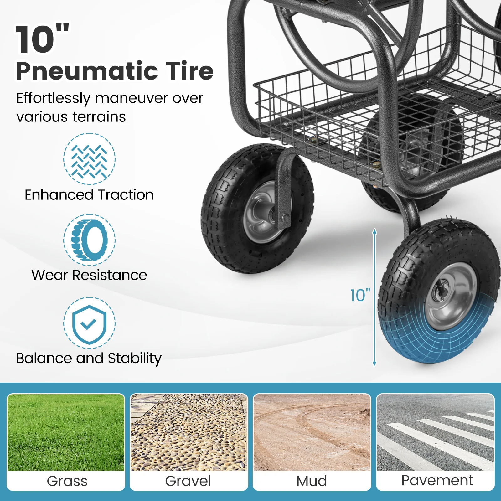 Garden Hose Reel Cart, 300 Feet, Large Capacity, 4 Wheels, Storage Basket, Gray - Image 7