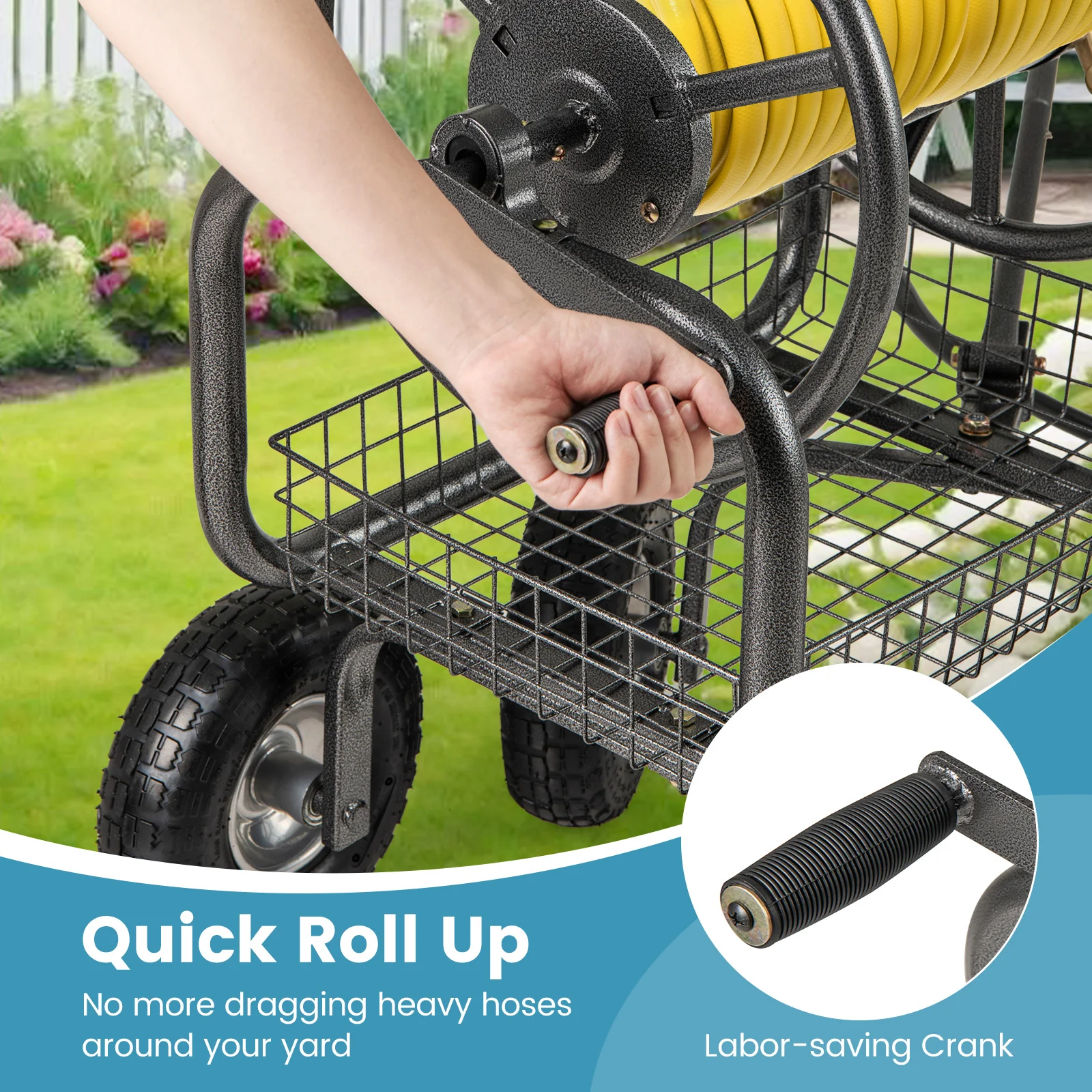 Garden Hose Reel Cart, 300 Feet, Large Capacity, 4 Wheels, Storage Basket, Gray - Image 8