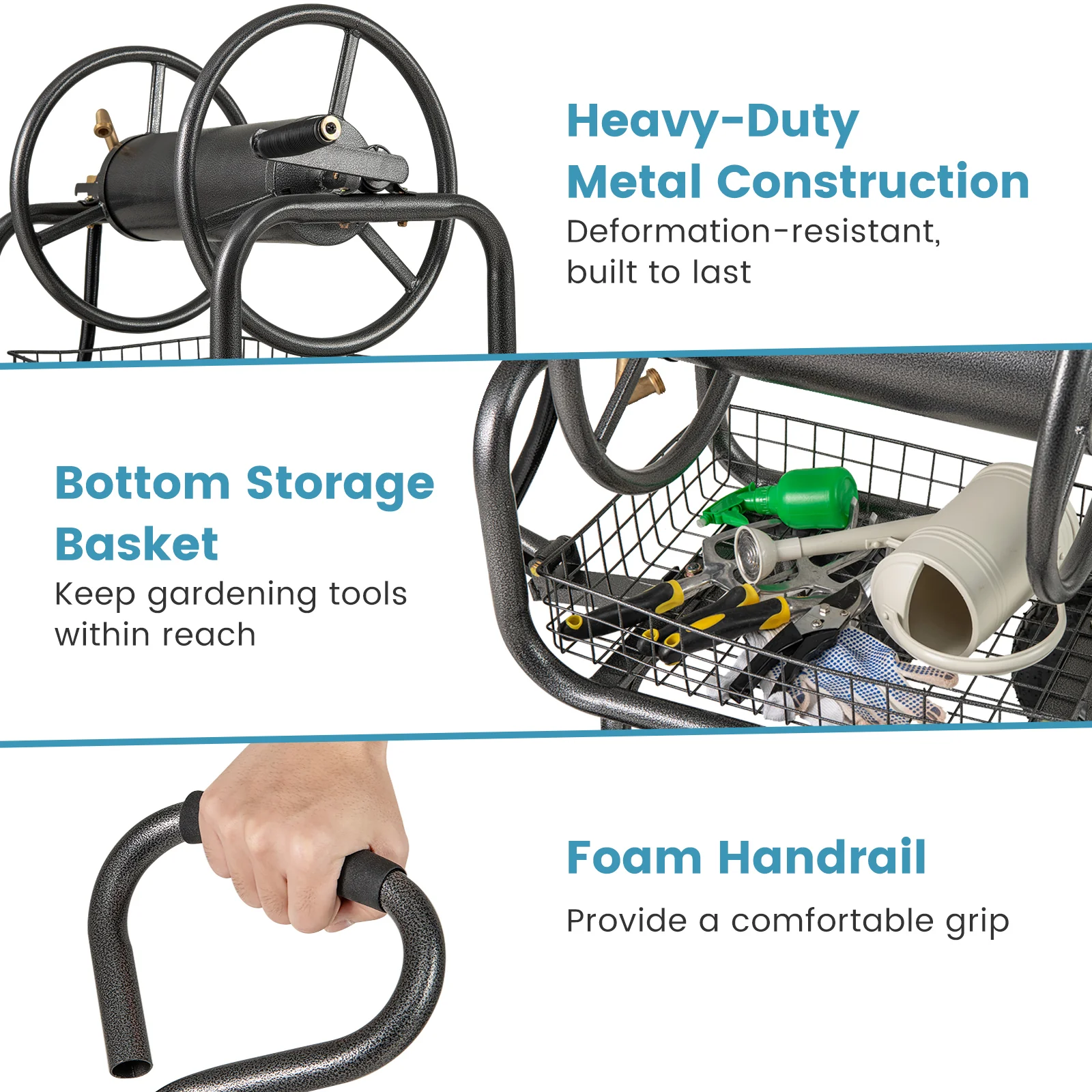 Garden Hose Reel Cart, 300 Feet, Large Capacity, 4 Wheels, Storage Basket, Gray - Image 9