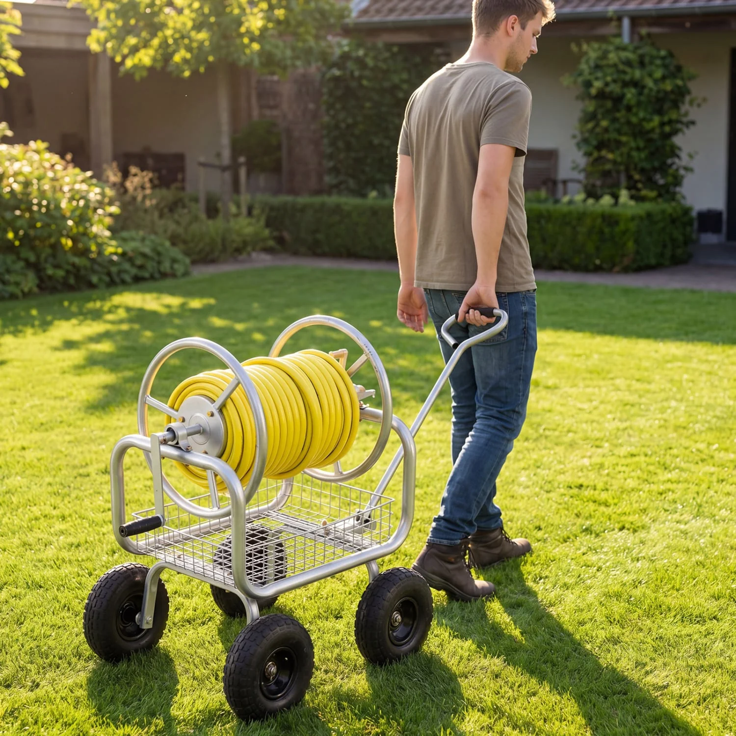 Garden Hose Reel Cart, 300 Feet Large Capacity, 4 Wheels, Storage Basket, Silver - Image 2