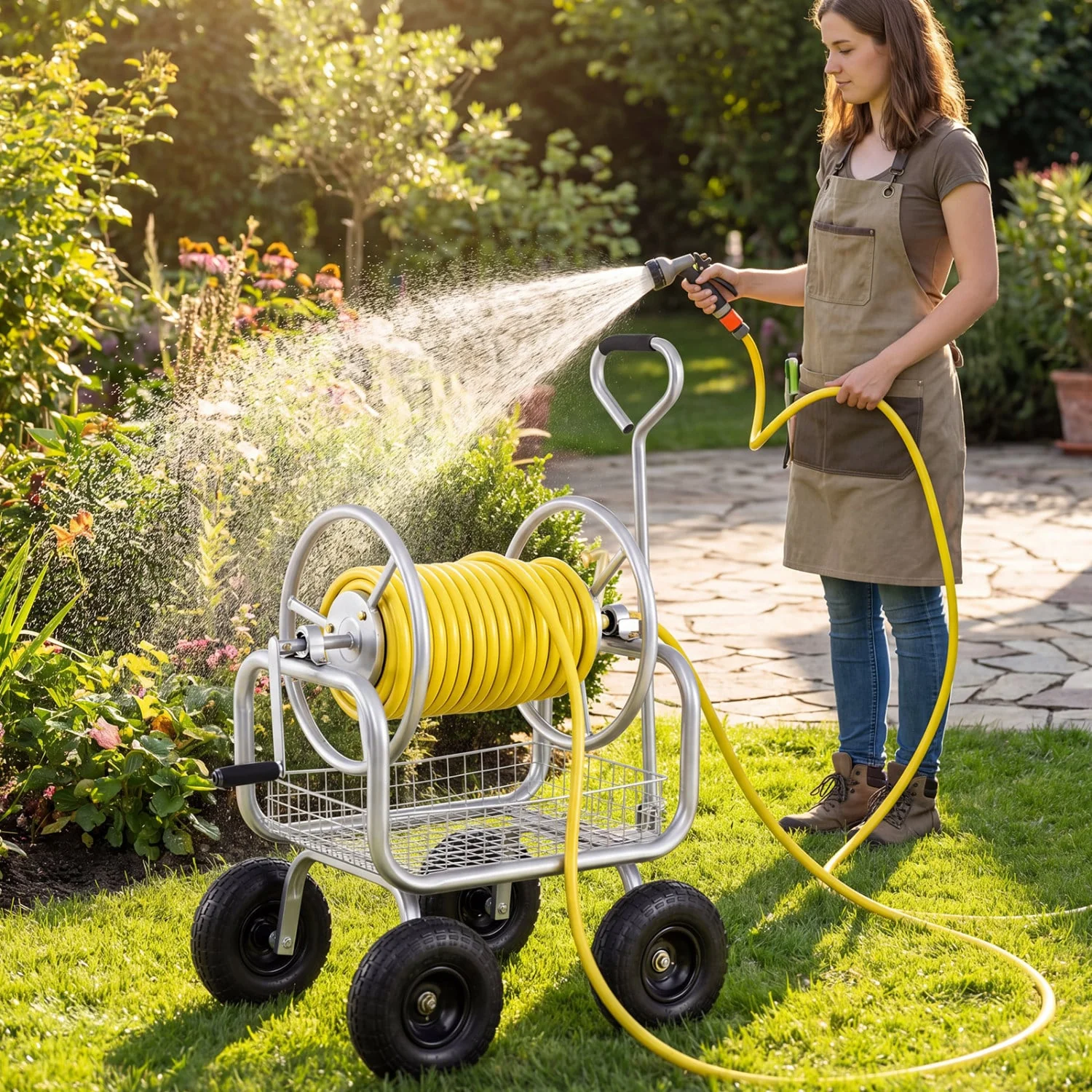 Garden Hose Reel Cart, 300 Feet Large Capacity, 4 Wheels, Storage Basket, Silver - Image 3