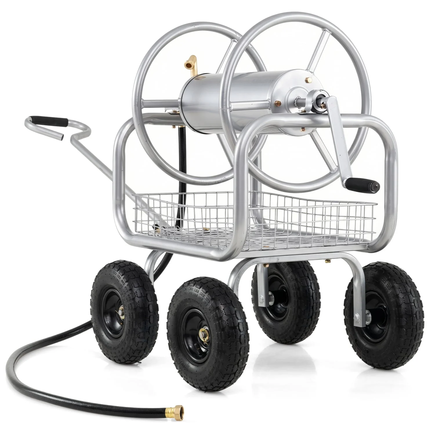 Garden Hose Reel Cart, 300 Feet Large Capacity, 4 Wheels, Storage Basket, Silver - Image 4