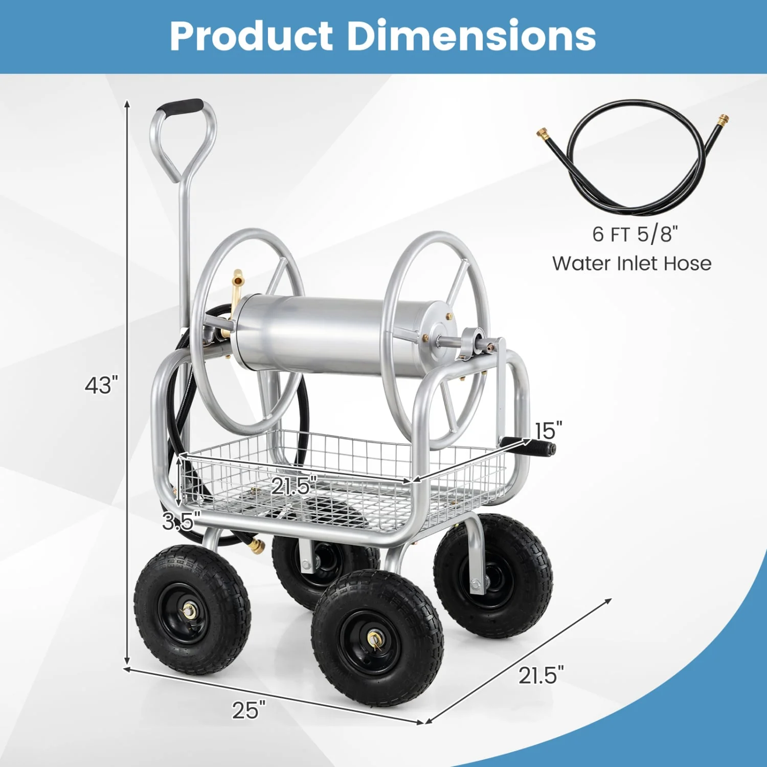 Garden Hose Reel Cart, 300 Feet Large Capacity, 4 Wheels, Storage Basket, Silver - Image 5