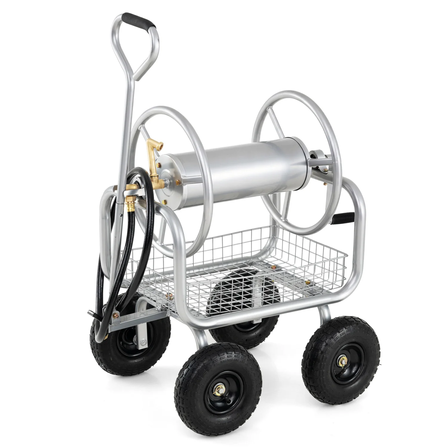 Garden Hose Reel Cart, 300 Feet Large Capacity, 4 Wheels, Storage Basket, Silver - Image 6