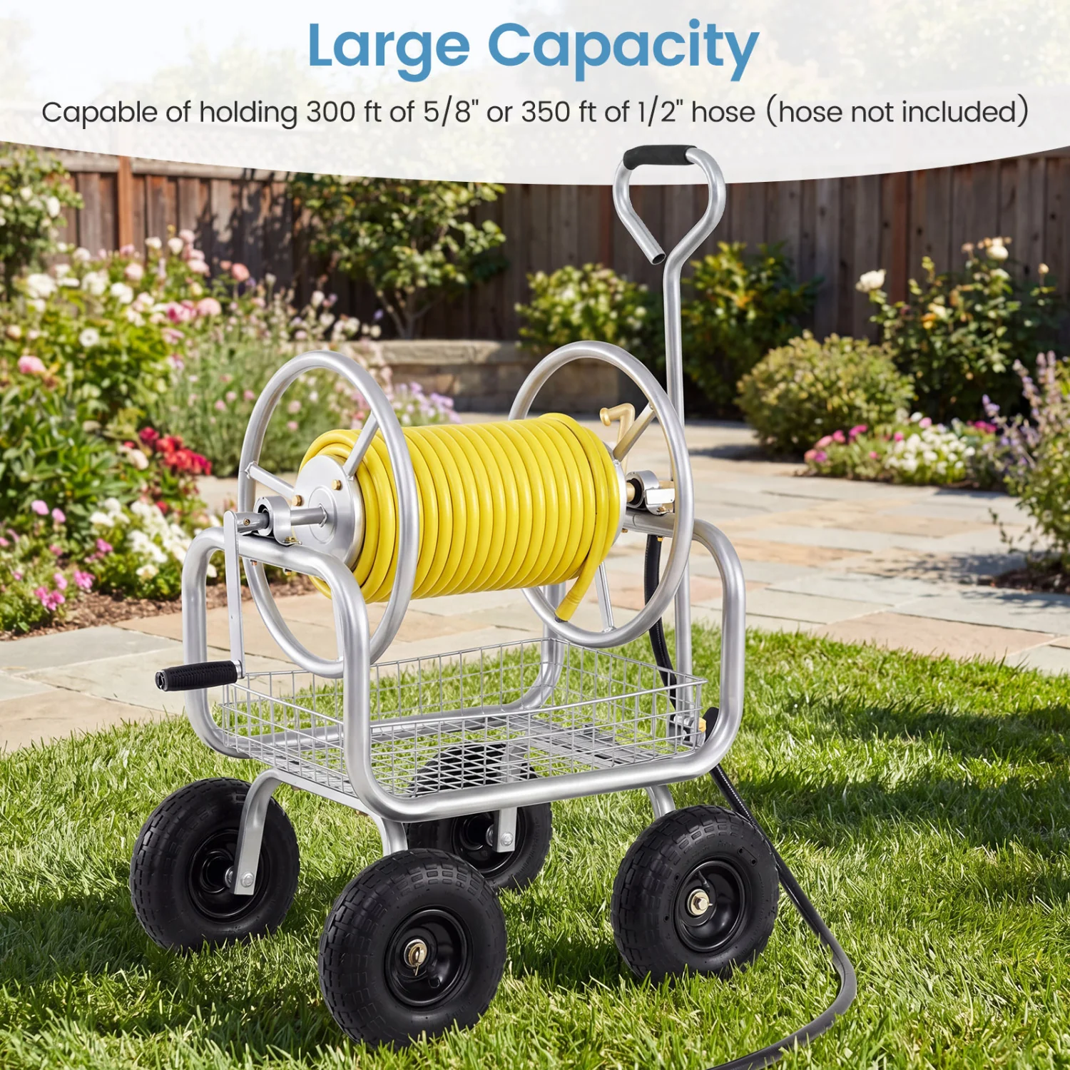 Garden Hose Reel Cart, 300 Feet Large Capacity, 4 Wheels, Storage Basket, Silver - Image 7