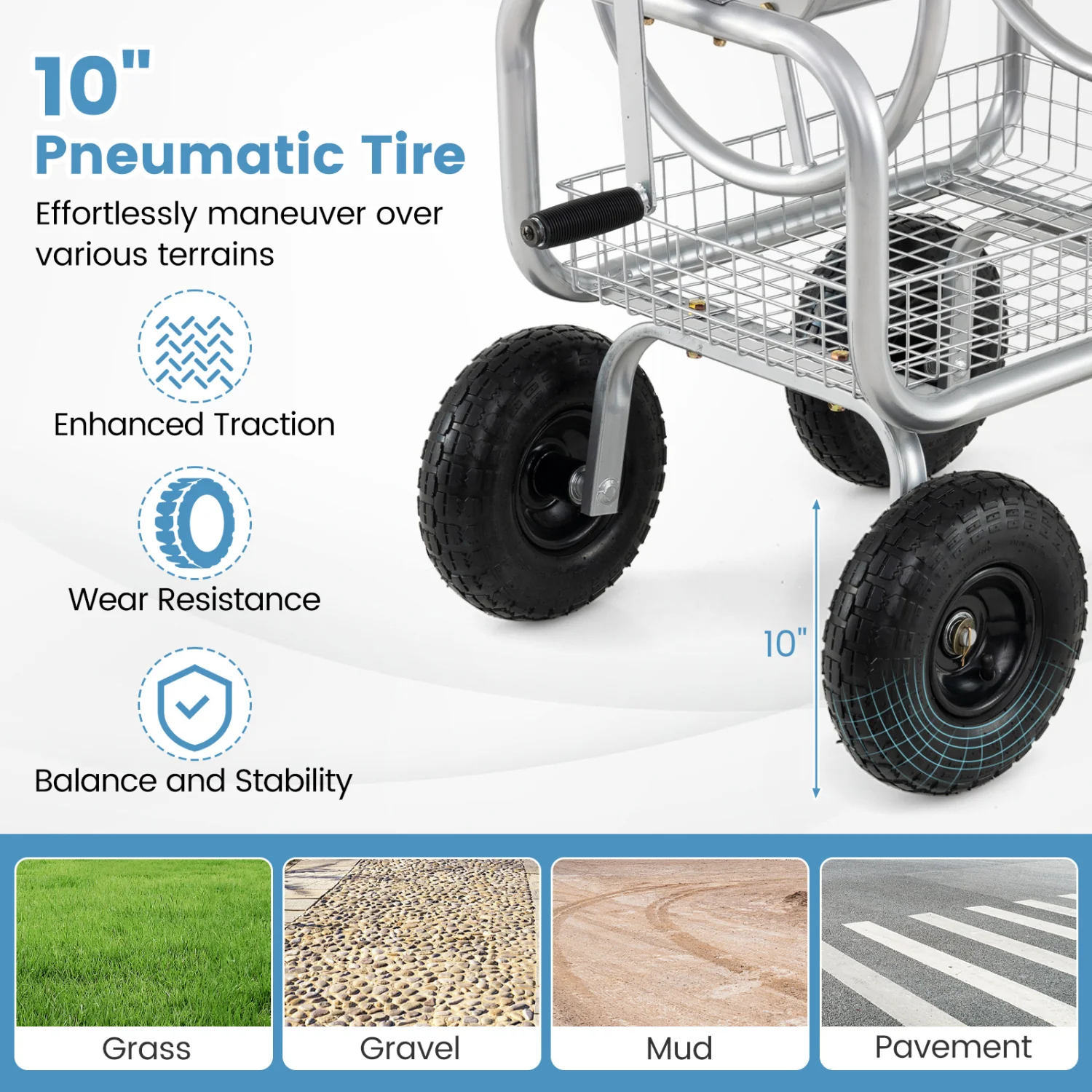 Garden Hose Reel Cart, 300 Feet Large Capacity, 4 Wheels, Storage Basket, Silver - Image 8