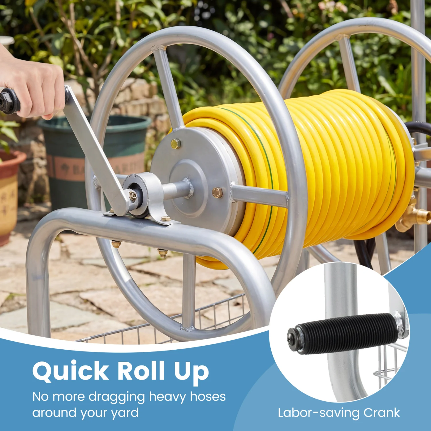 Garden Hose Reel Cart, 300 Feet Large Capacity, 4 Wheels, Storage Basket, Silver - Image 9